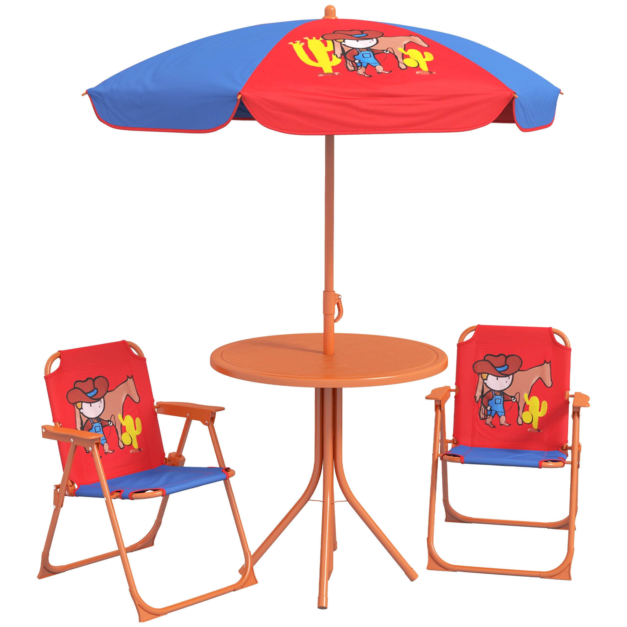 Outsunny Cowboy Campout: Children's Picnic Set with Foldable Seats, Adjustable Parasol, Durable Outdoor Delight