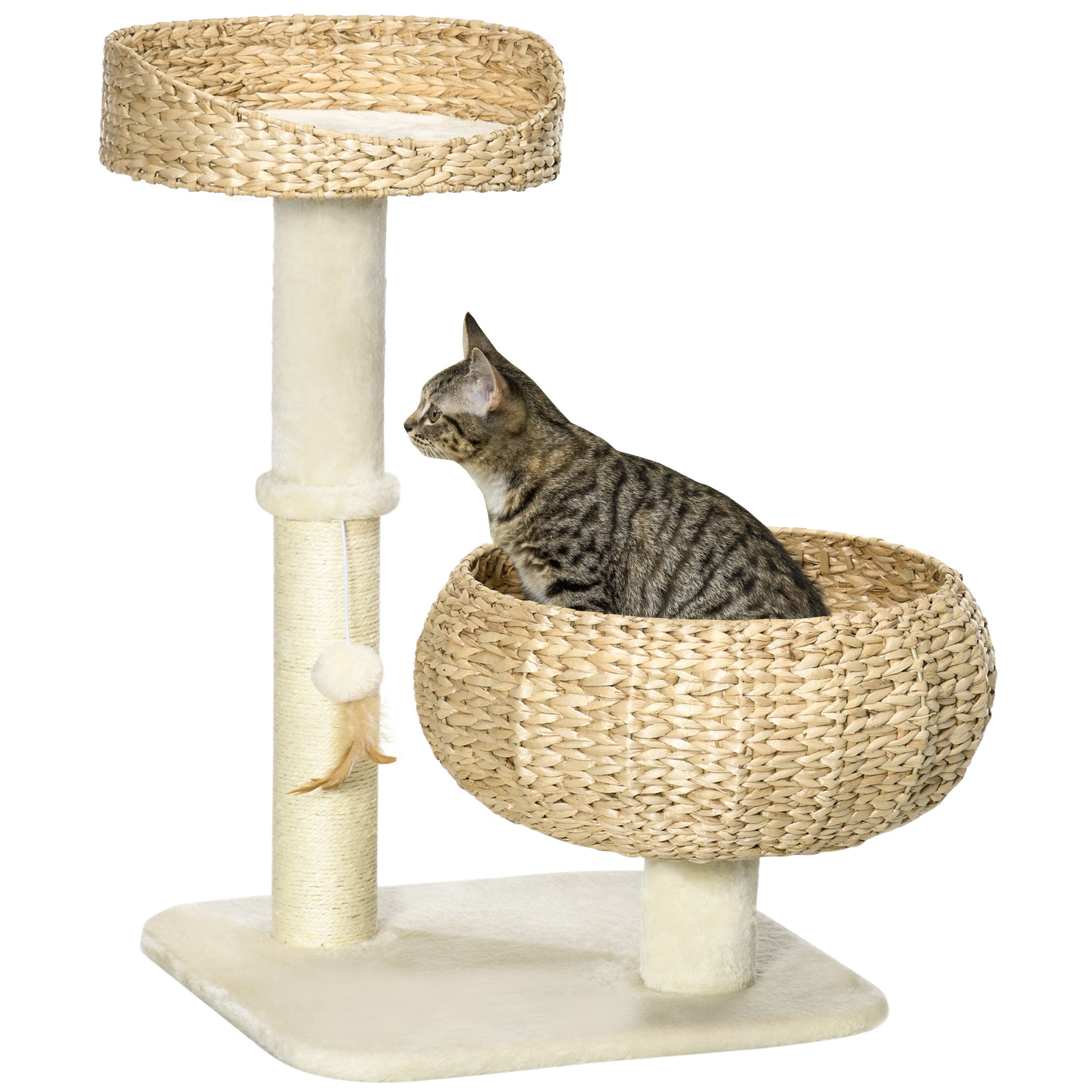 PawHut 72cm Cat Tree, Kitty Activity Center, Cat Climbing Toy, Cat Tower with 2 Cattail Beds Ball Toy Sisal Scratching Post, Beige