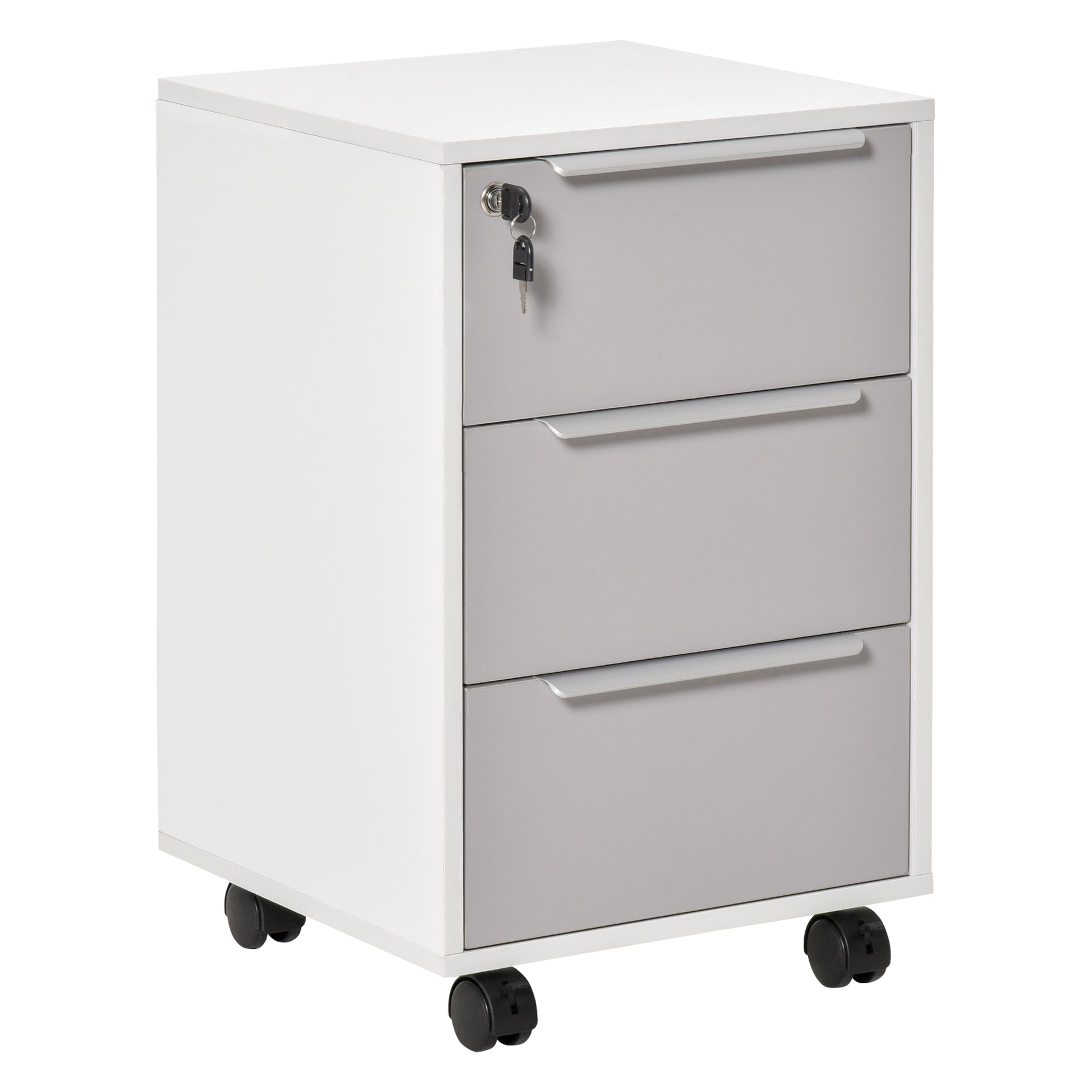 HOMCOM Mobile 3-Drawer Locking File Cabinet, Chest of Drawers Side Table on Wheels, for Office, Bedroom, Living Room, White