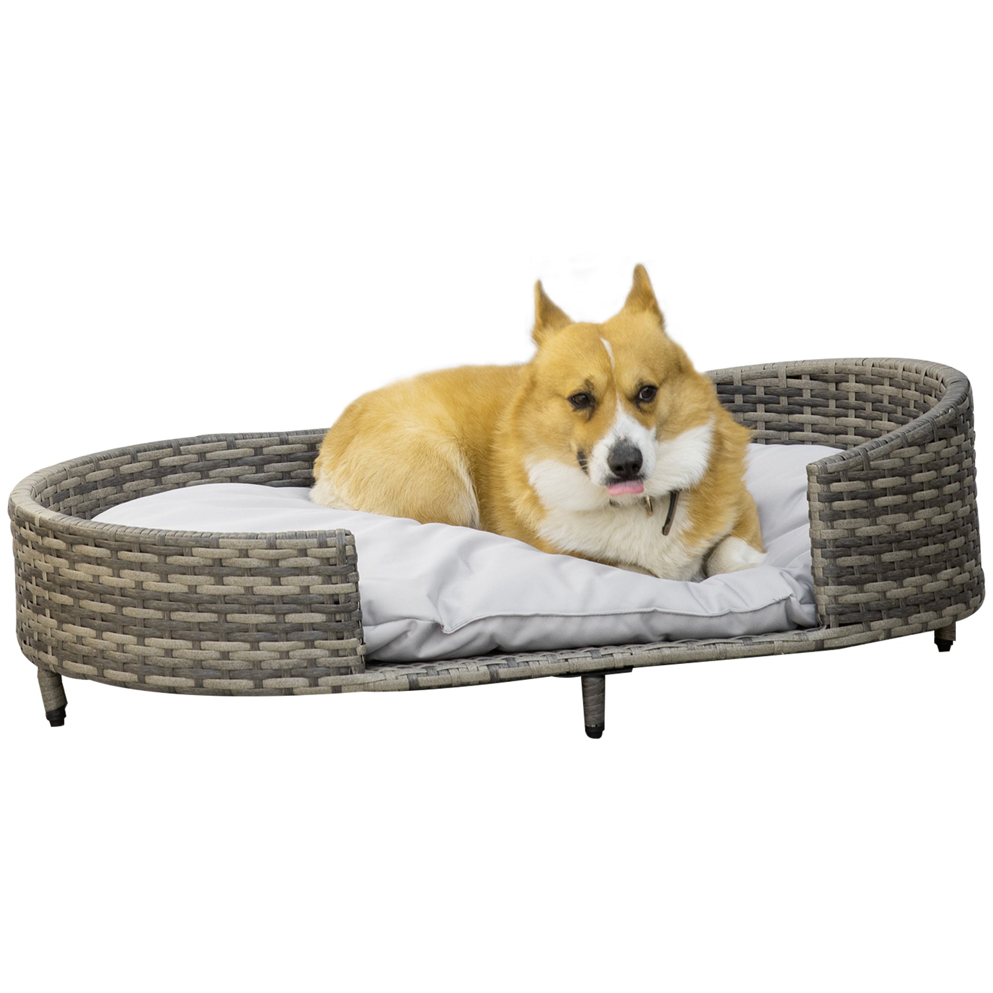 PawHut Elevated Wicker Dog Sofa, Rattan Cat Bed Hand Woven with Soft Cushion, Washable Cover, for Medium Dog, 96 x 65 x 29 cm, Grey