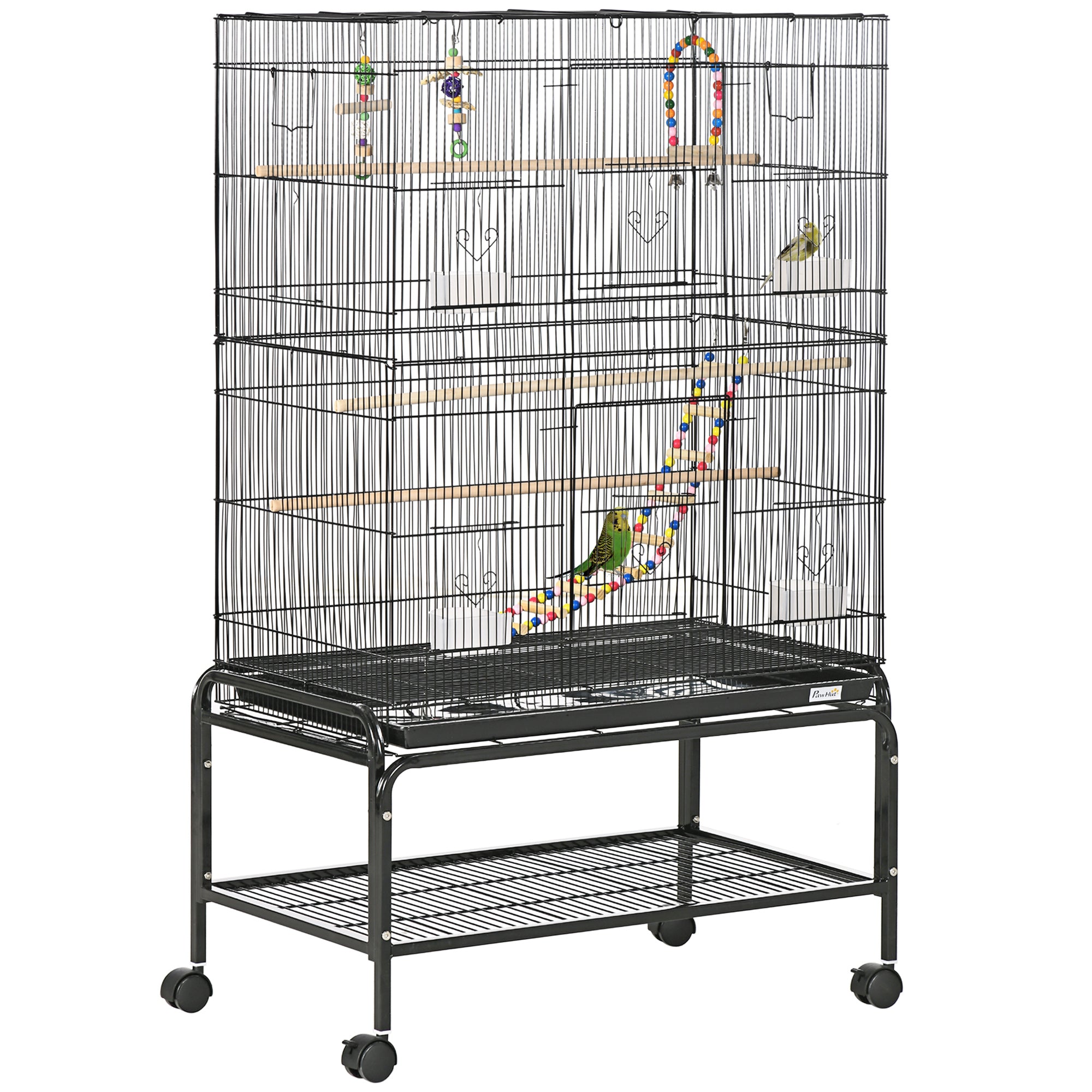 PawHut Steel Budgie Cage 133cm High with Stand, Slide-Out Tray, Toys, Storage Shelf for Canaries, Finches, Lovebirds, Parakeets, Black | Aosom UK