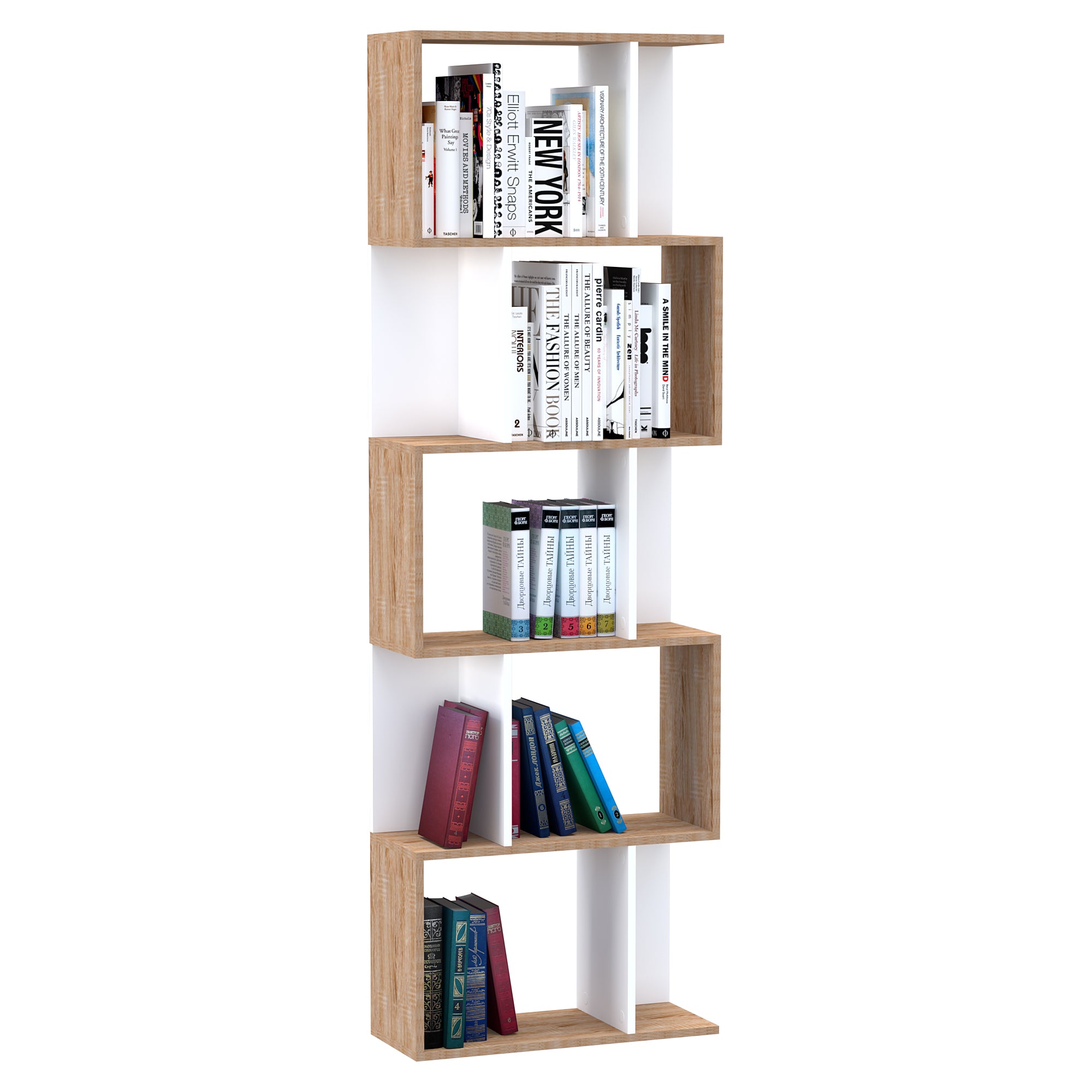 HOMCOM 5-tier Bookcase Storage Display Shelving S Shape design Unit Divider White