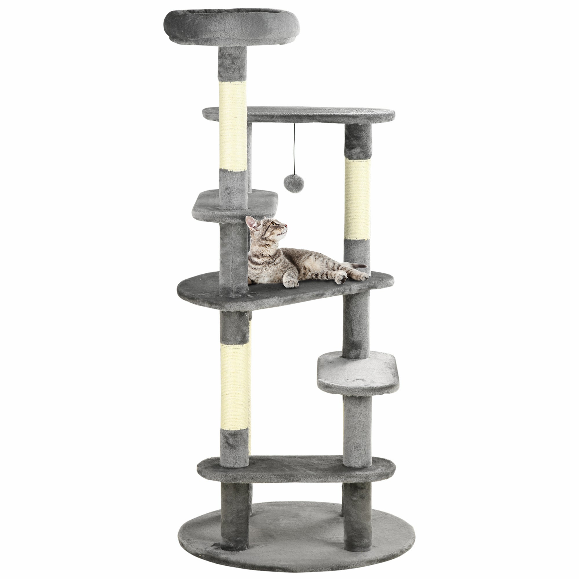 PawHut Modern Cat Tree for Indoor Cats, 136cm Tower with Scratching Posts, Bed, Toy Ball, Grey