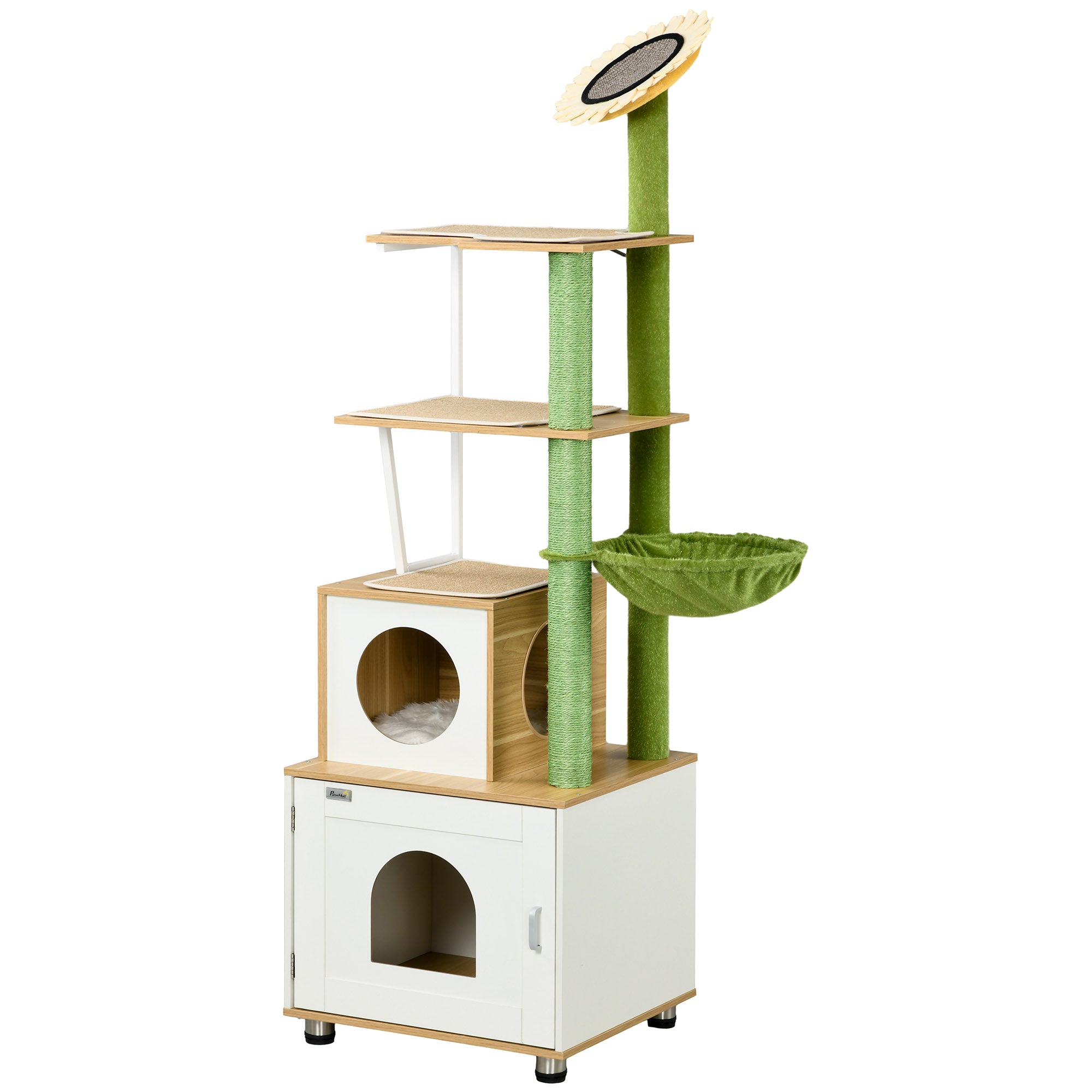 PawHut Cat Tree, Indoor Cat Litter Box Enclosure, Scratching Post, Condo, Hammock, Platforms, Removable Cushions, Oak