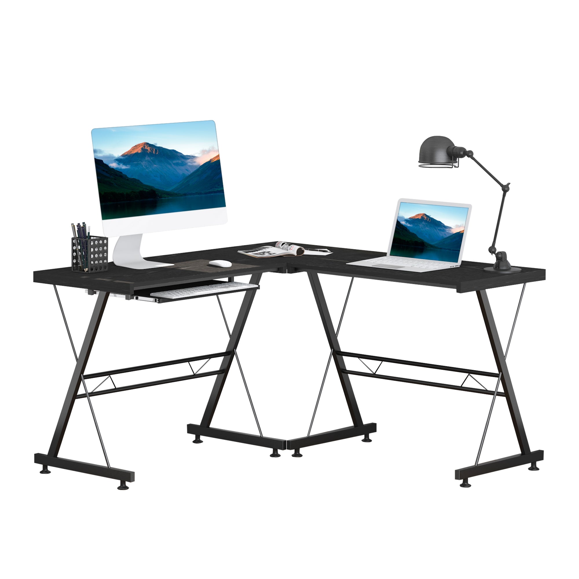 HOMCOM L Shape Office Gaming Desk, Straight Corner Table, Computer Work Station, Laminated, Sturdy, with Keyboard Tray, Black