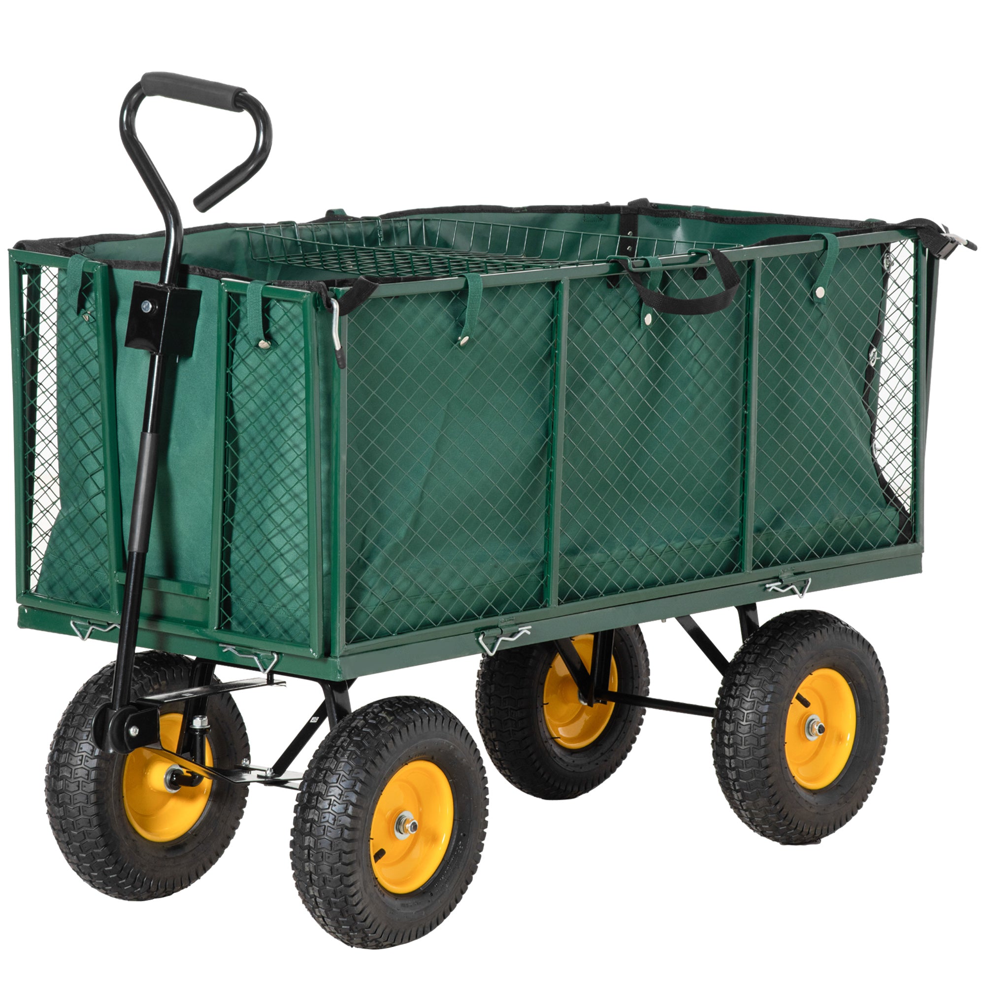 Outsunny Heavy Duty Garden Trolley with 4 Wheels, Metal Frame, and Pull Handle, Ideal for Gardening Tasks, Green