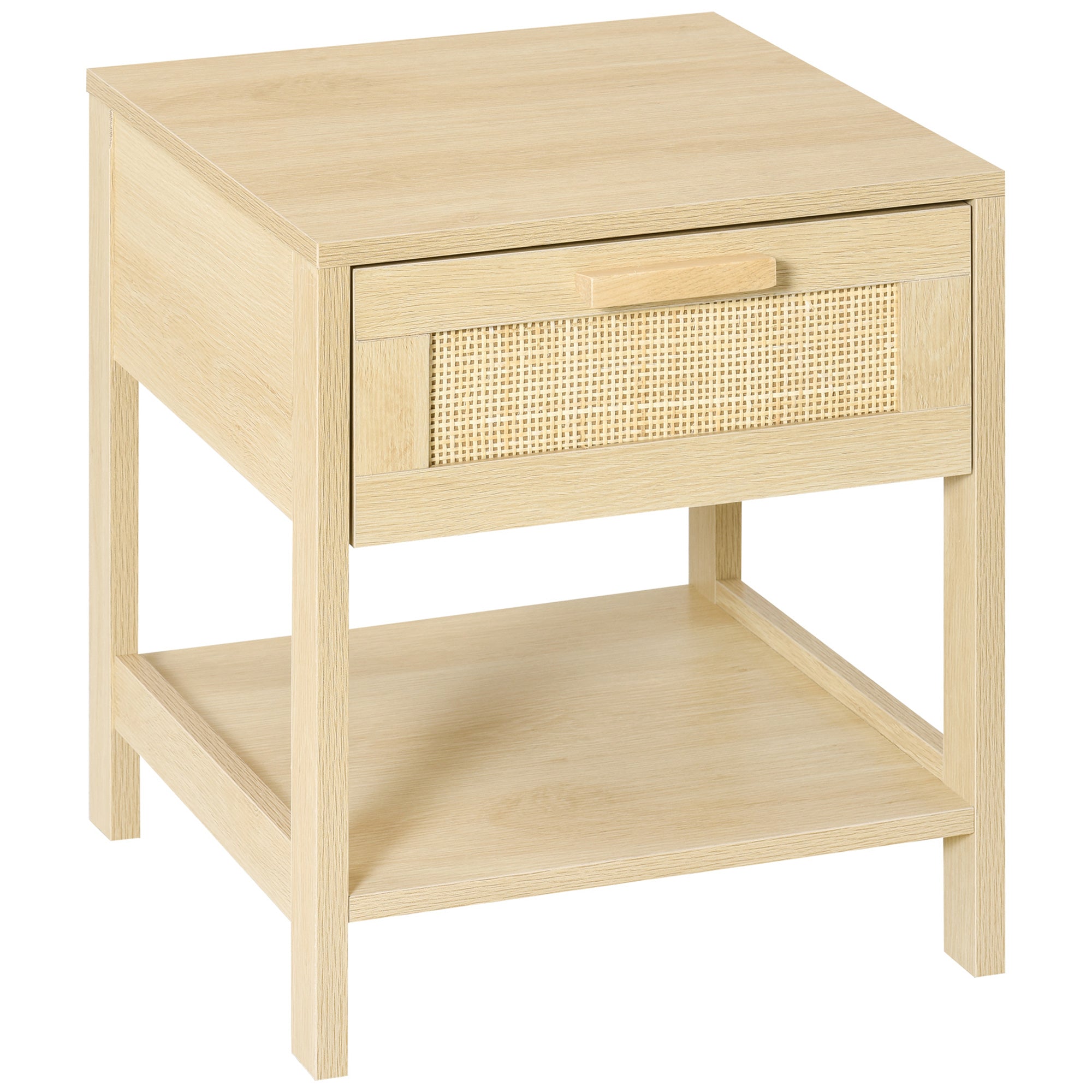 HOMCOM Bedside Table with Rattan Accent Drawer and Lower Shelf, Compact Nightstand for Bedroom or Living Room Storage