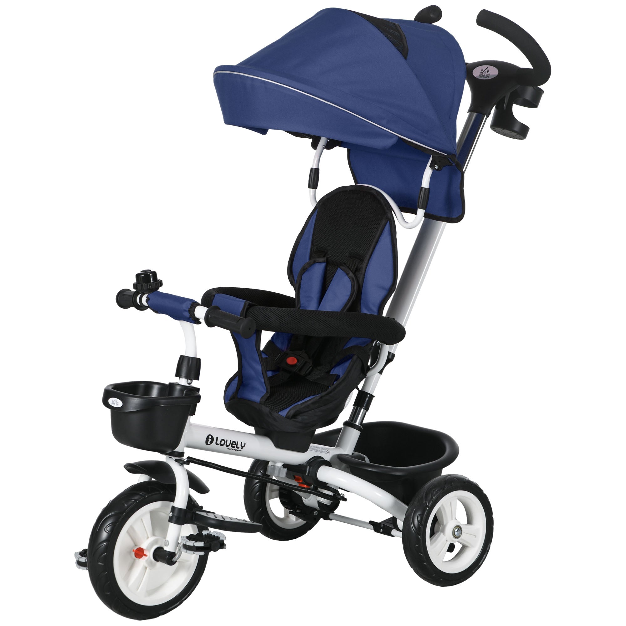 HOMCOM Metal Frame 4 in 1 Baby Push Tricycle with Parent Handle for 1-5 Years Old, Dark Blue