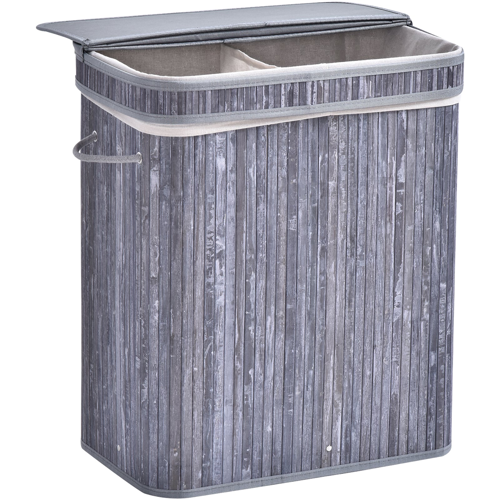 HOMCOM Laundry Locker: Dual-Compartment Wooden Basket with Lid, Removable Liner & Handles, Grey