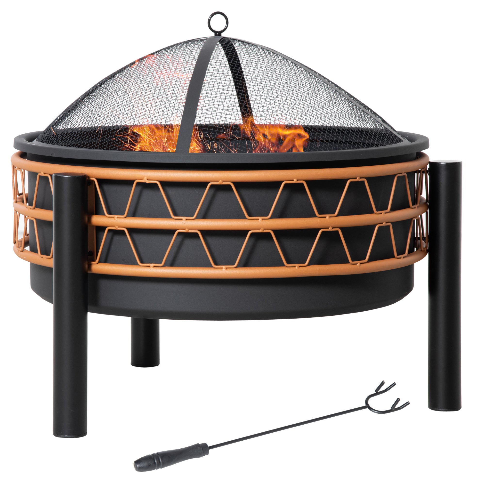 Outsunny Outdoor Fire Pit, Metal Round Firepit Bowl, Charcoal Log Wood Burner with Screen Cover, Poker for Patio, BBQ, Camping, 64 x 64 x 58cm, Black