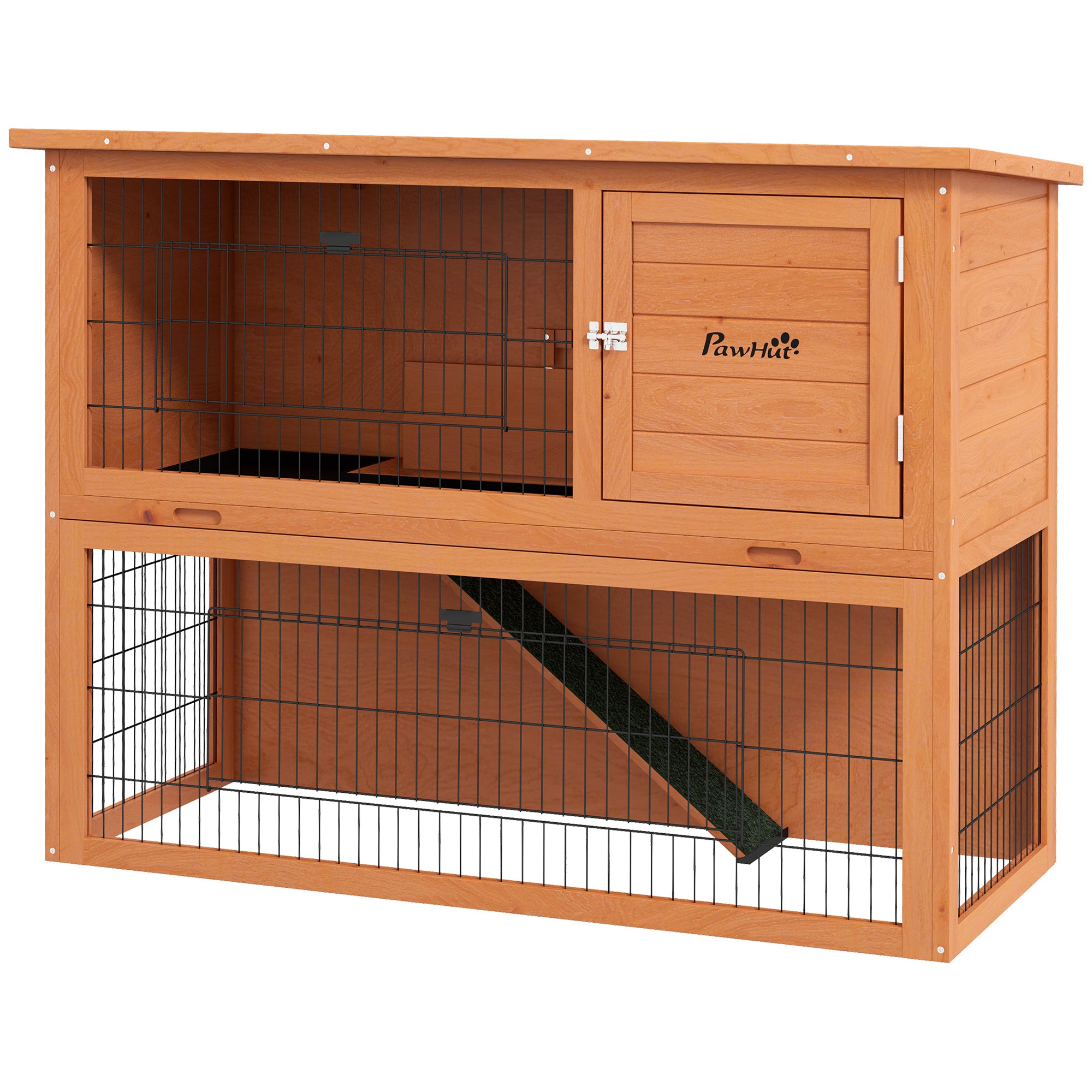 PawHut 2 Tier Antiseptic Wood Rabbit Hutch with Run Outdoor 92cm Orange