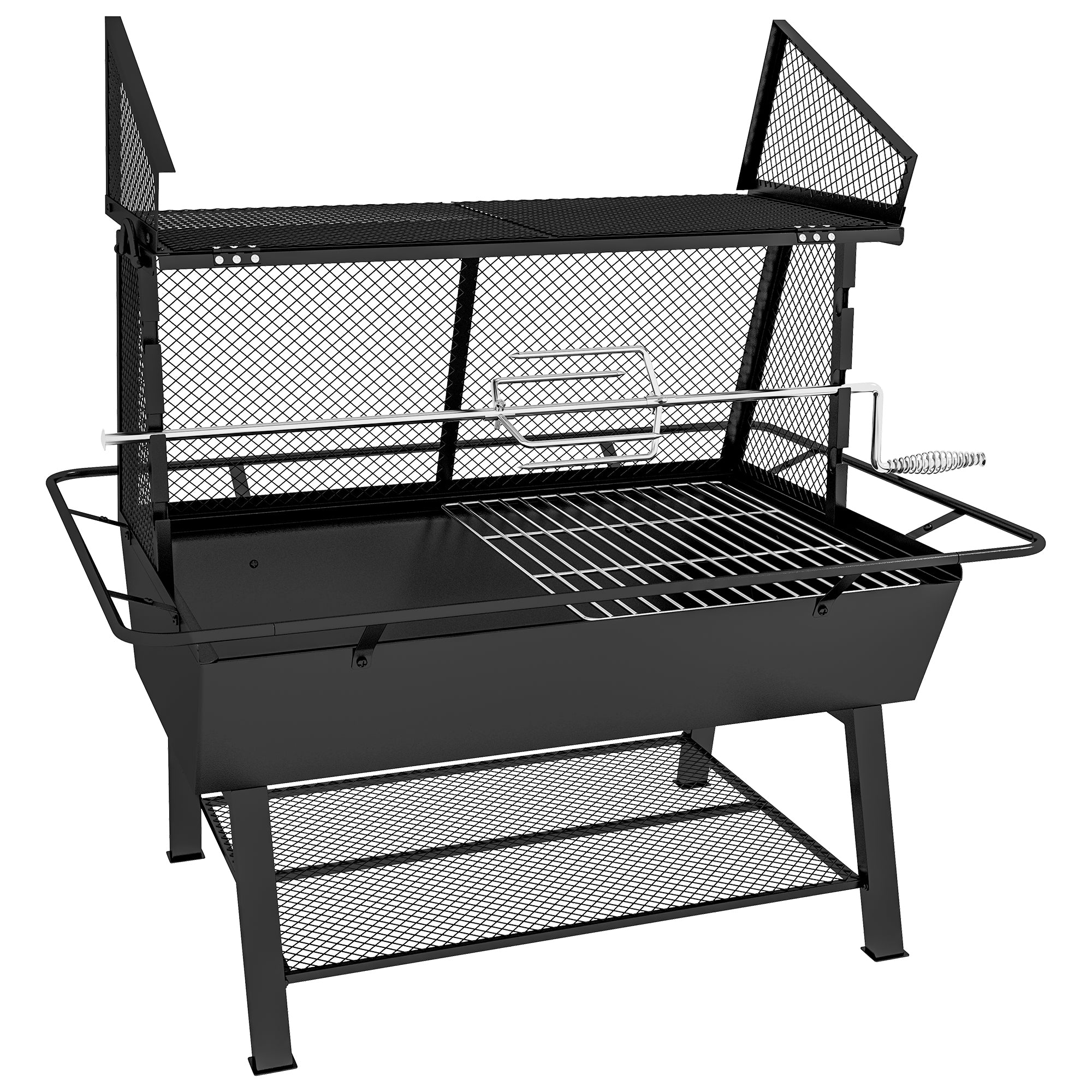 Outsunny 3-in-1 Charcoal Barbecue Grill, Rotisserie Roaster, Fire Pit with Storage Shelf and Mesh Lid