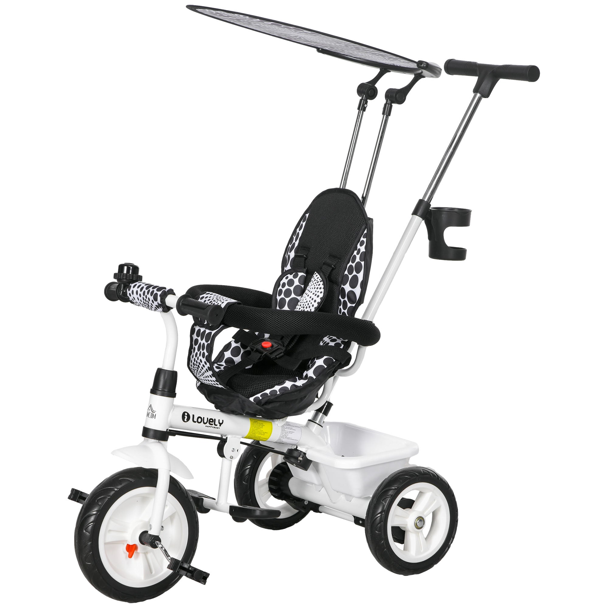 HOMCOM 4 in 1 Tricycle for Kids with 5-point harness straps, Removable Canopy, White