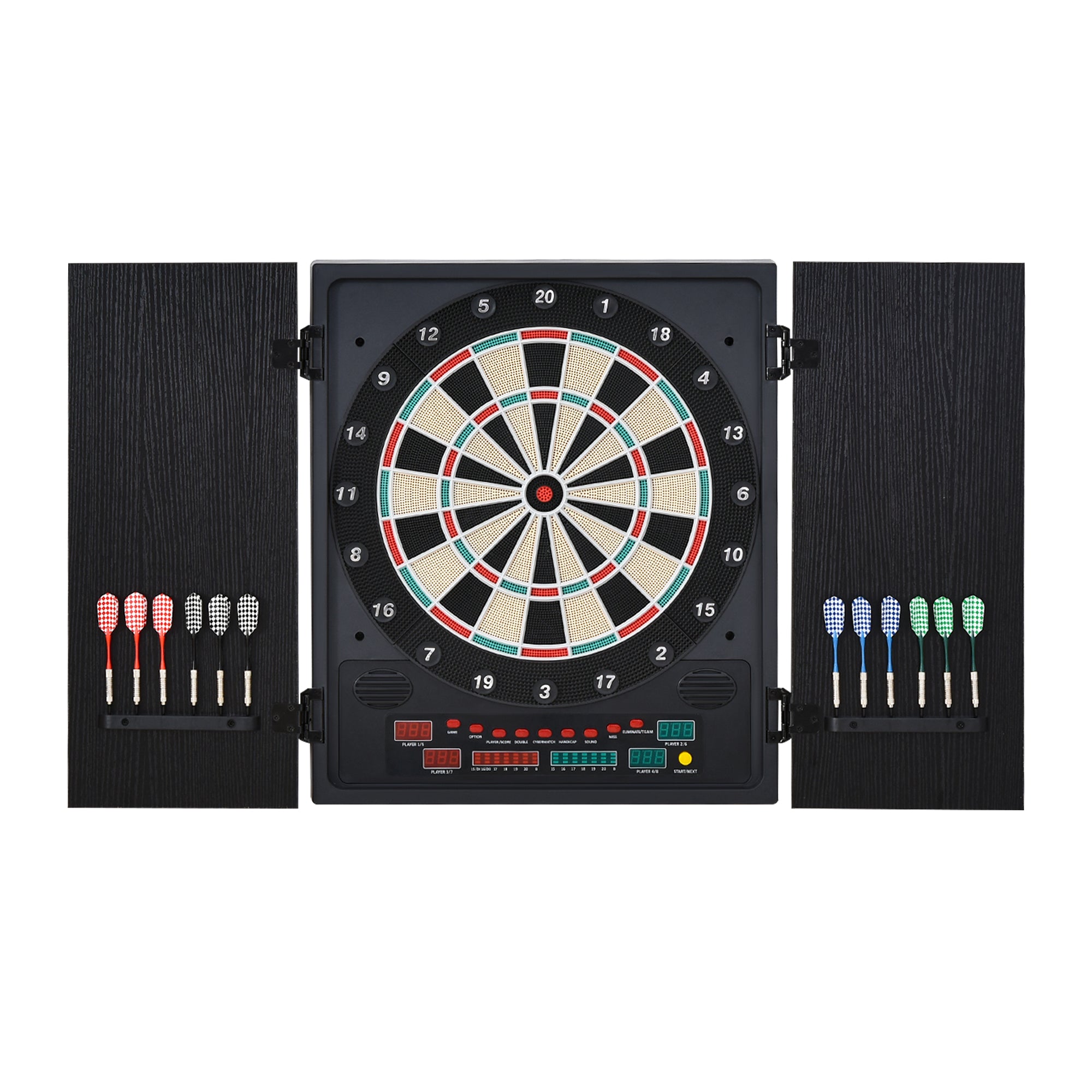 HOMCOM Electronic Dartboard In Case LED Scoreboard w/ 12 Darts 30 Heads Side Storage Cabinet Classic Game Family Fun Game Black White