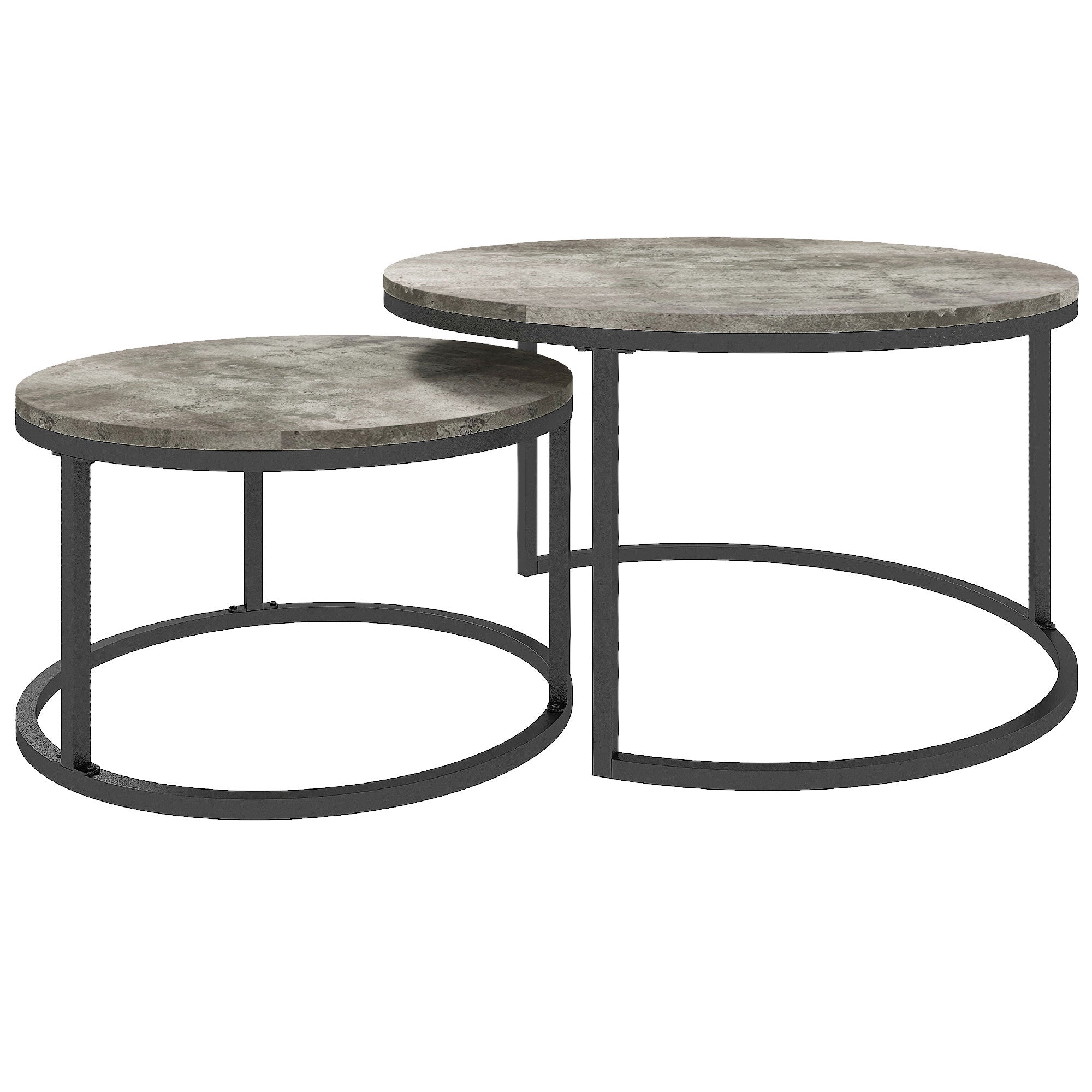 HOMCOM Industrial Nesting Coffee Table Set of 2, Round Coffee Tables, Living Room Table with Faux Cement Top and Steel Frame