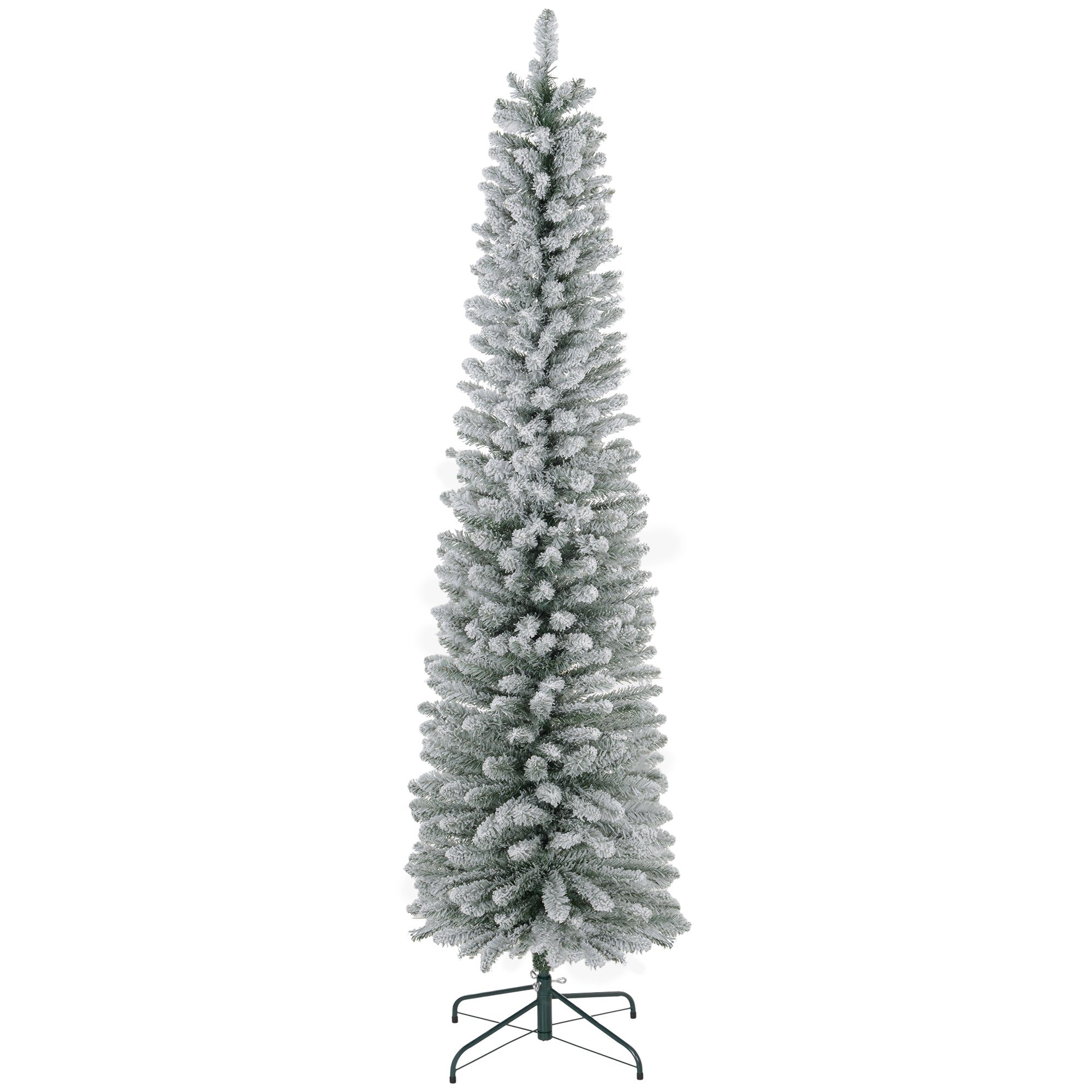 HOMCOM 7ft Artificial Pencil Christmas Tree with 405 Snow Flocked Tips, Metal Base, Realistic Xmas Tree