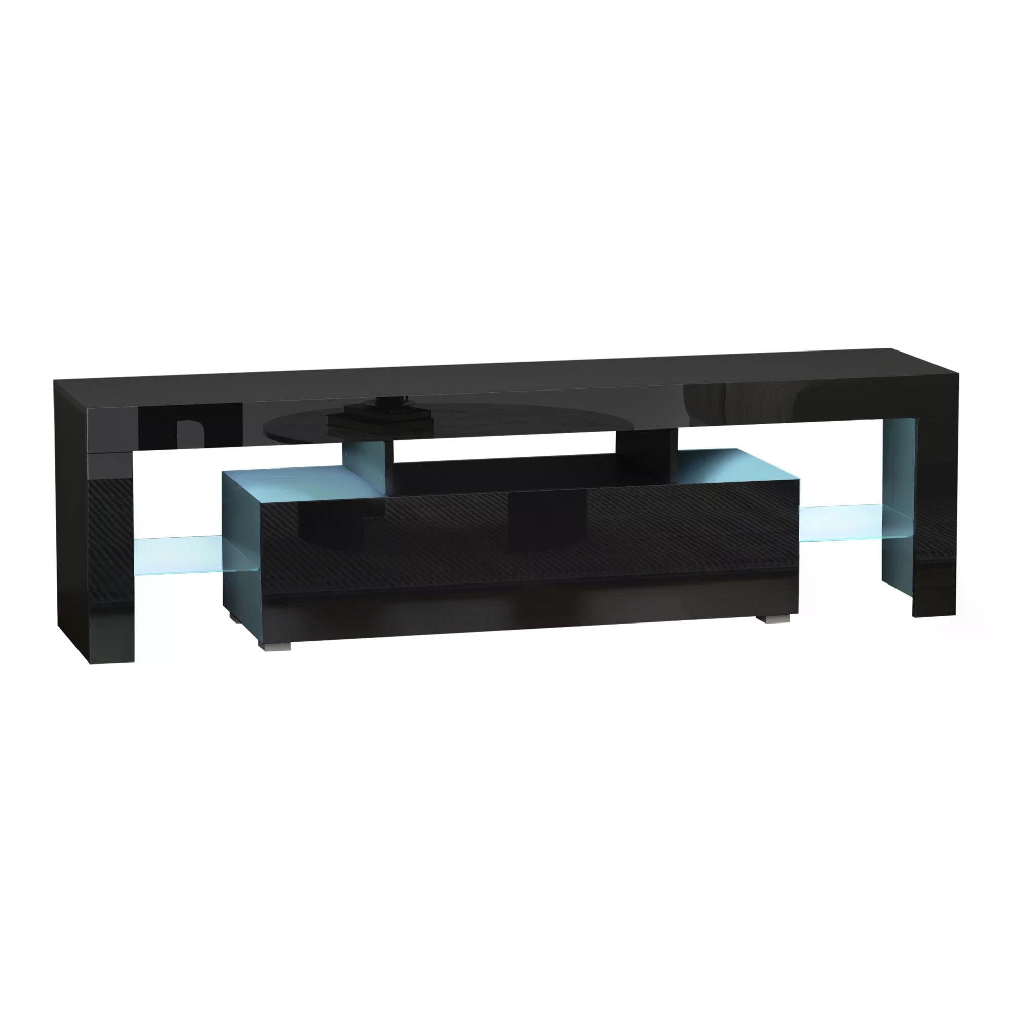 HOMCOM High Gloss TV Stand Cabinet with LED RGB Lights and Remote Control for TVs up to 65", Media TV Console Table with Storage Compartment, Black