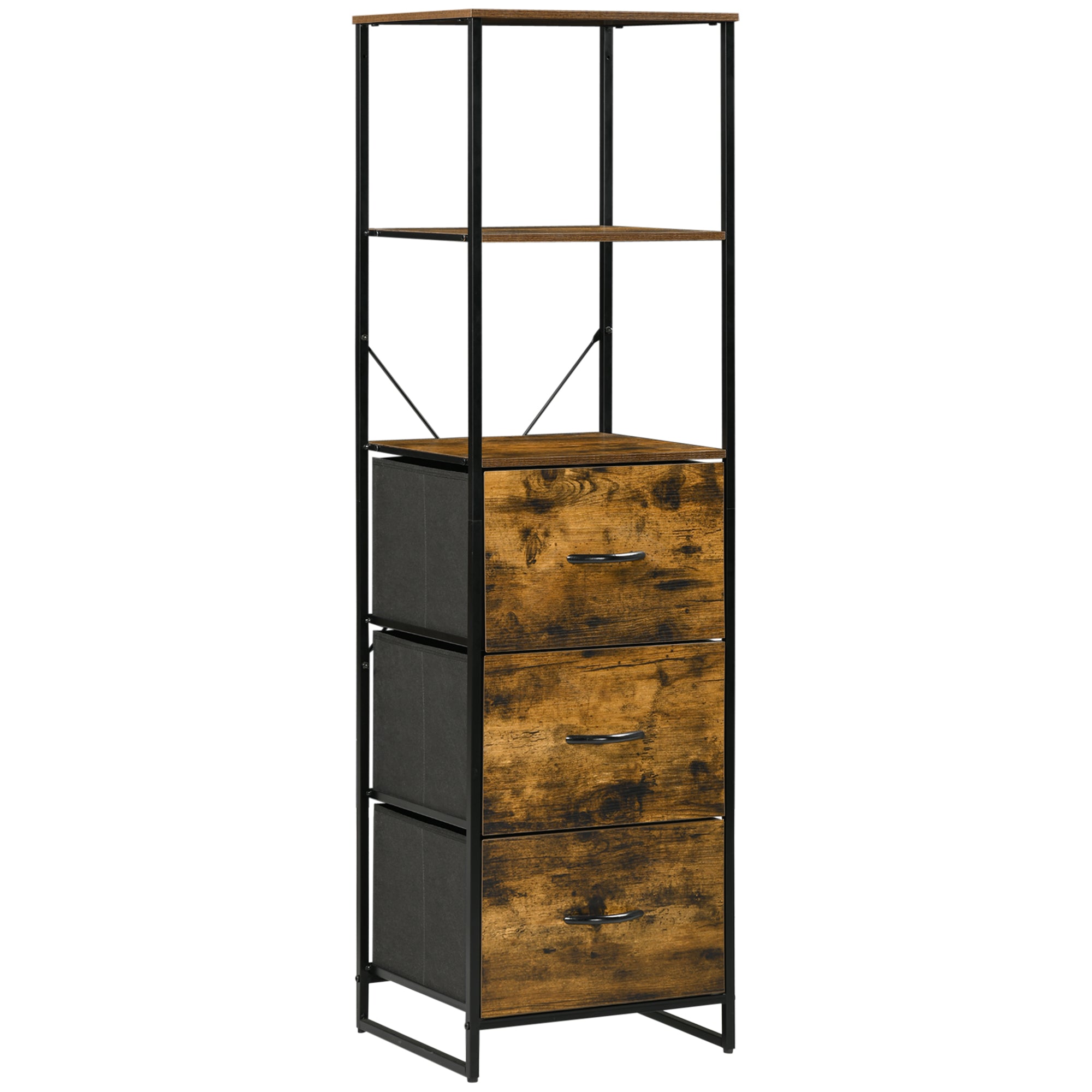 HOMCOM Industrial-Style Bookshelf, Tall Bookcase with 2 Open Shelves & 3 Foldable Fabric Drawers, Multifunctional Storage Unit, Rustic Brown