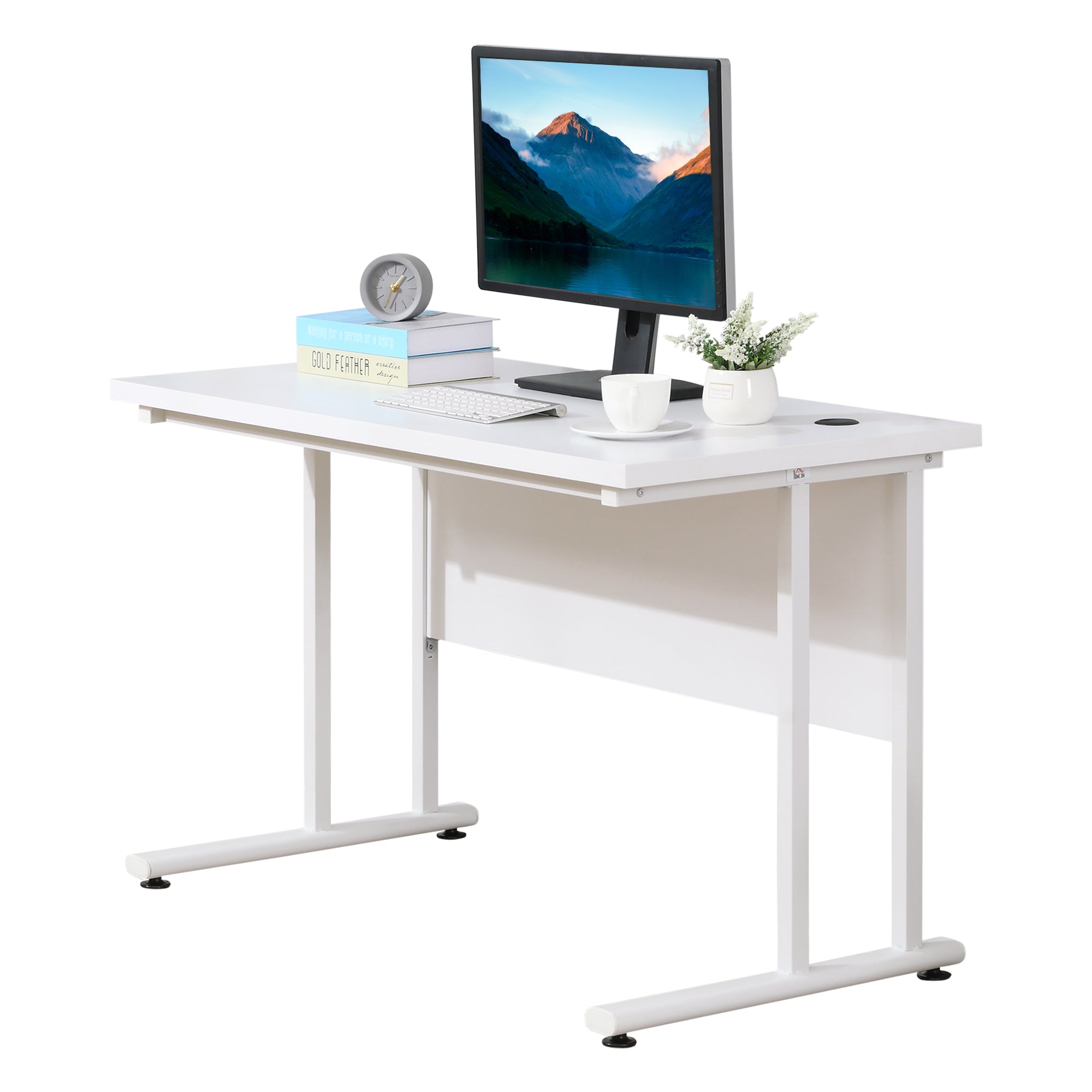 HOMCOM Home Office Computer Desk, 120x60x75cm, C Shaped Metal Legs, 2 Cable Management Holes, Writing Table, White