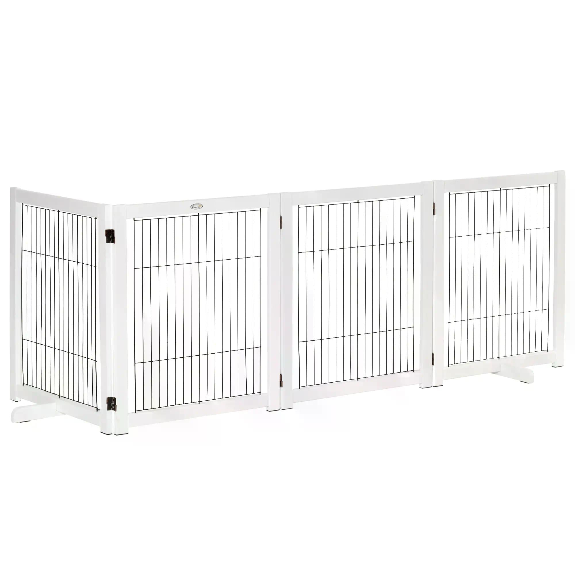 PawHut Dog Gate Wooden Foldable Small & Medium-Sized Pet Gate 4 Panel with Support Feet Pet Fence Safety Barrier for House Doorway Stairs White