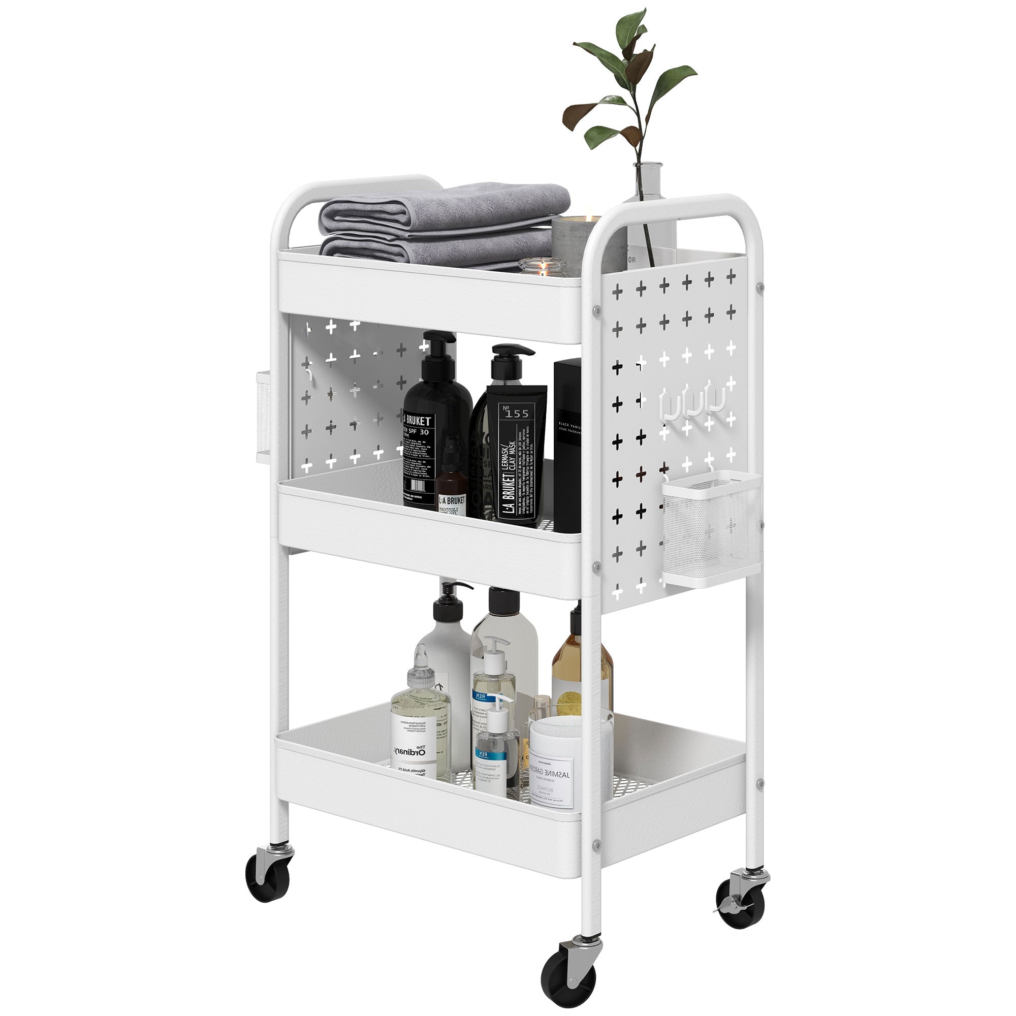 HOMCOM 3-tier Storage Trolley on Wheels, Rolling Utility Serving Cart with 3 Mesh Baskets, 2 Hanging Boxes and 6 Hooks for Living Room, Kitchen, White