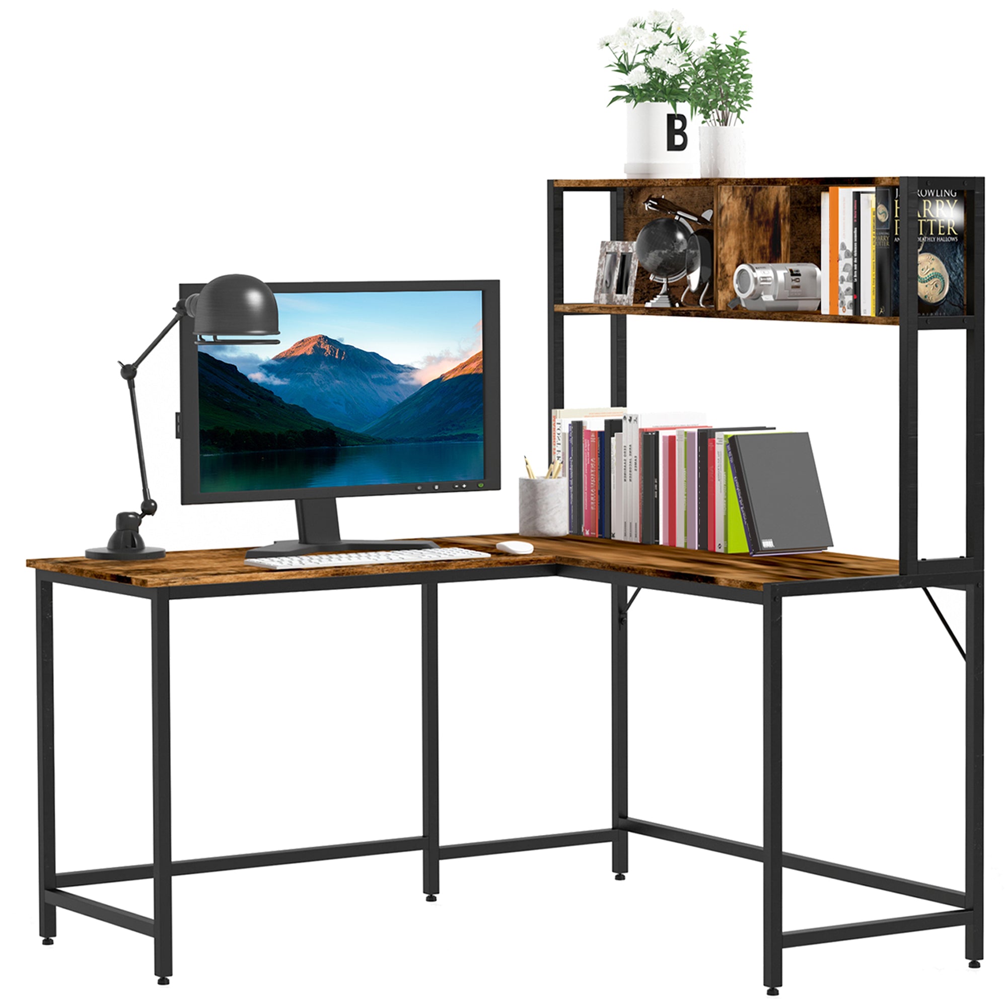 HOMCOM Industrial L-Shaped Work Desk & Storage Shelf Steel Frame Adjustable Feet Corner Workstation Home Office Study Stylish Brown Black