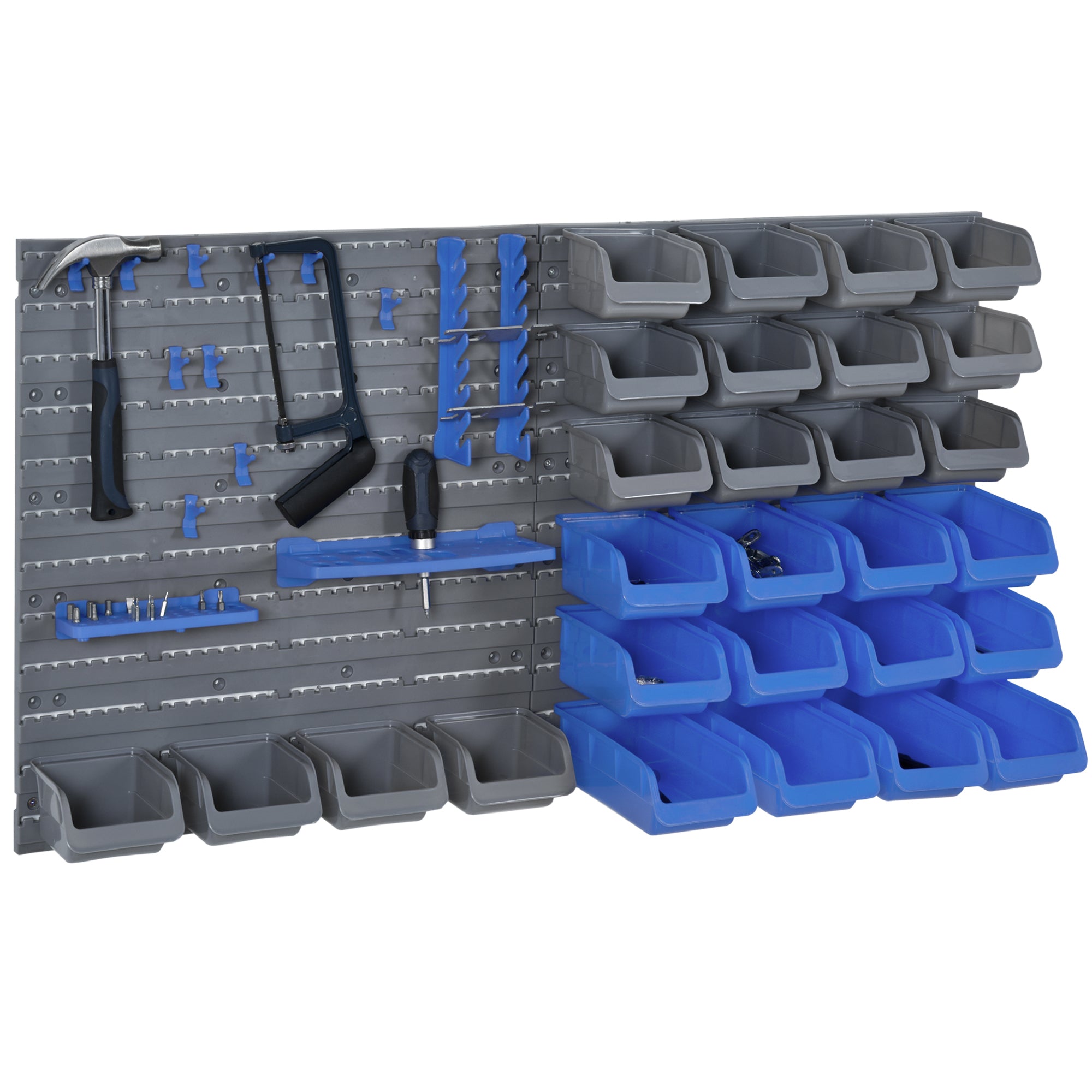 DURHAND Wall Mounted Tool Organiser, 44 Piece Storage Bins, Panel Set with Shelf, Hooks, Screws for Workshop, Blue