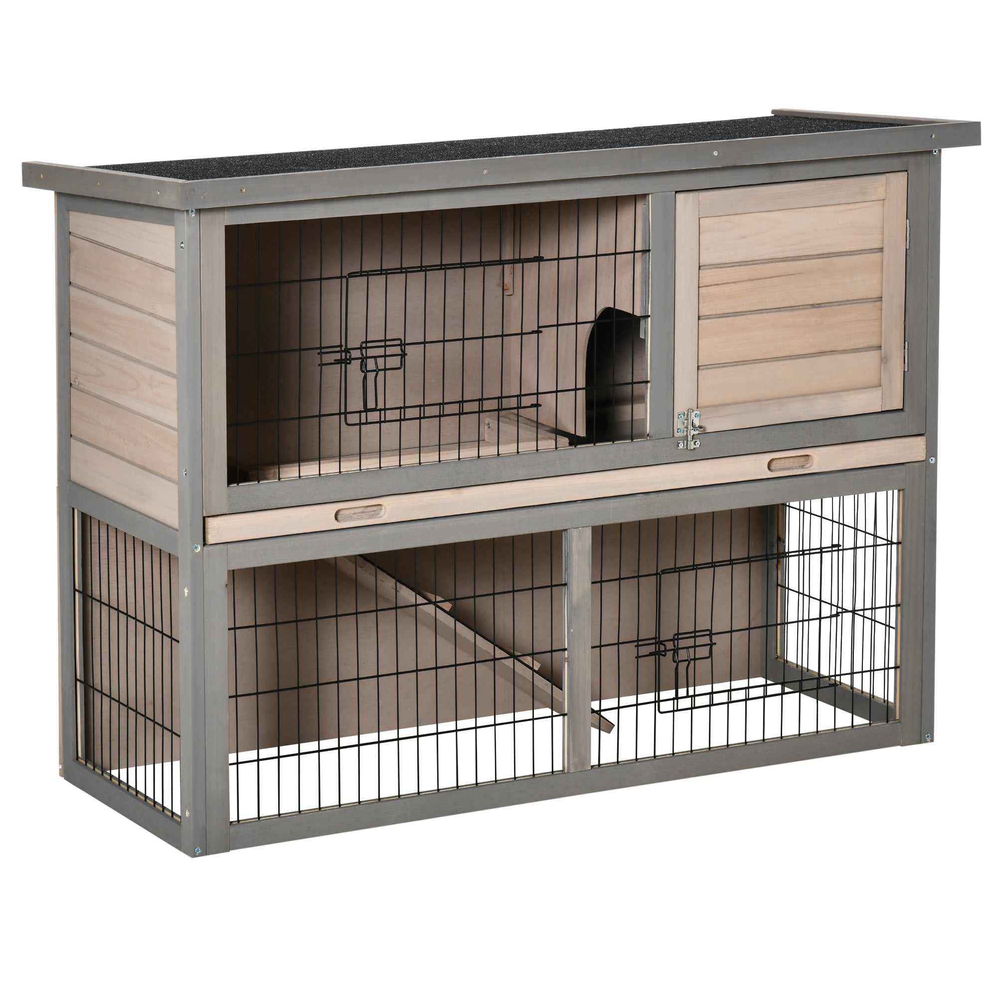 PawHut Rabbit Hutch Bunny Cage Small Animal House with Sliding Tray, Run, Openable Top, Ramp, for Indoor Outdoor, Grey 108x45x78 cm