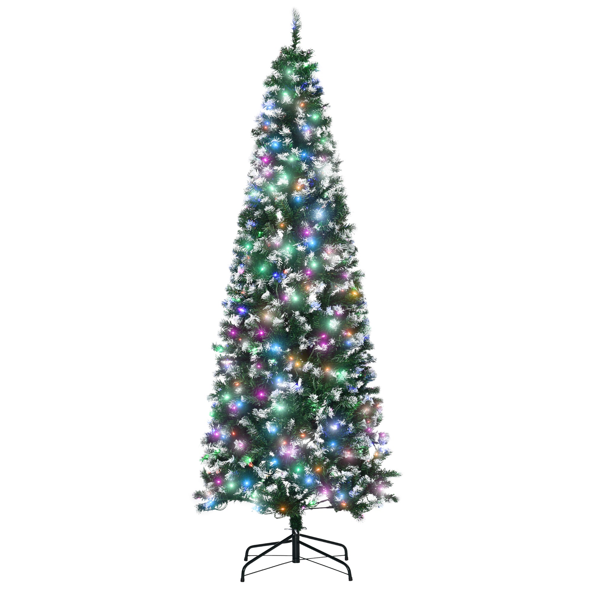 HOMCOM 7' Tall Prelit Pencil Slim Artificial Christmas Tree with Realistic Branches, 350 Colourful LED Lights and 818 Tips, Xmas Decoration, Green