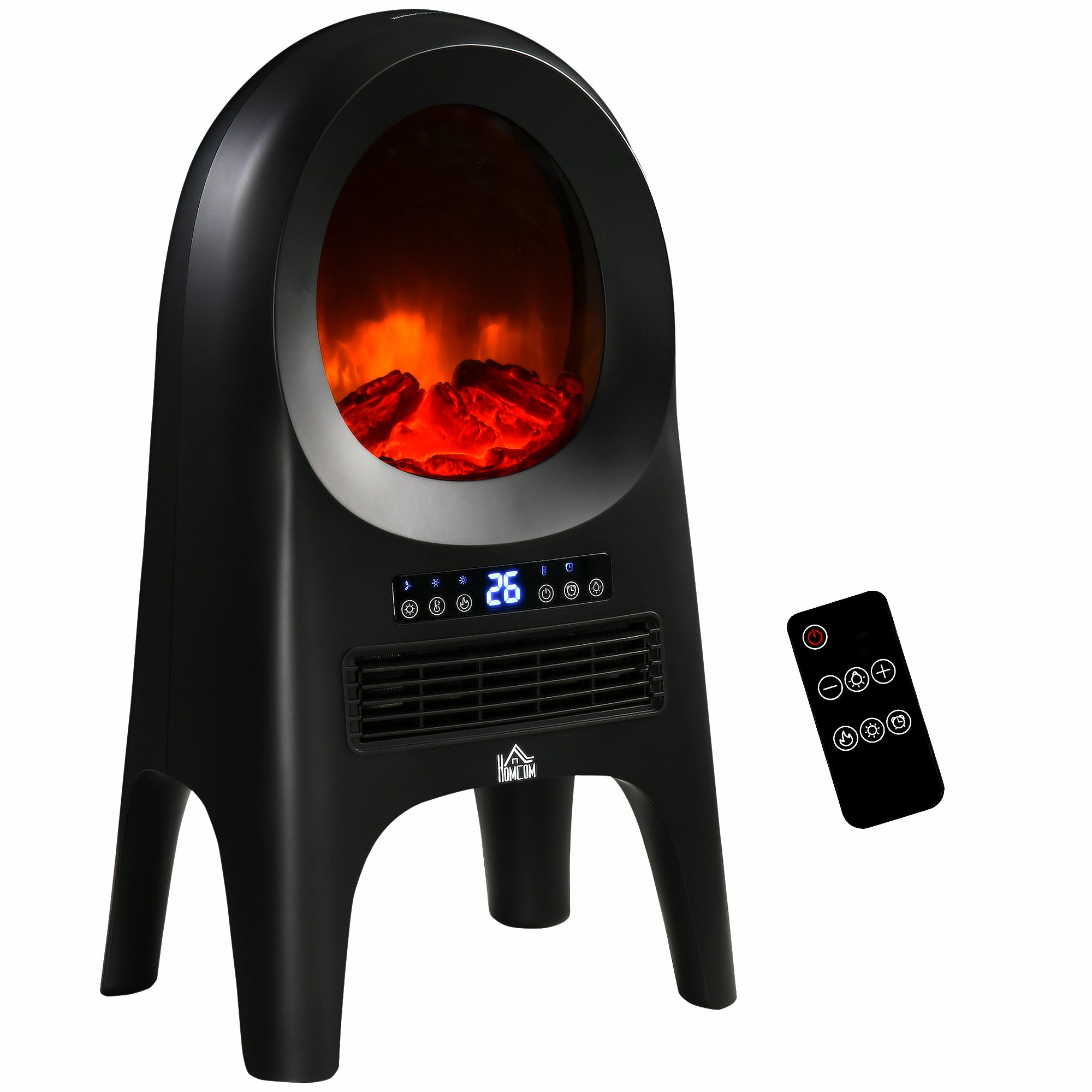 HOMCOM Ceramic Electric Space Heater, Freestanding Fan Heater with Realistic Flame Effect, 3 Heat Settings, Adjustable Temperature, 1000W/2000W, Black