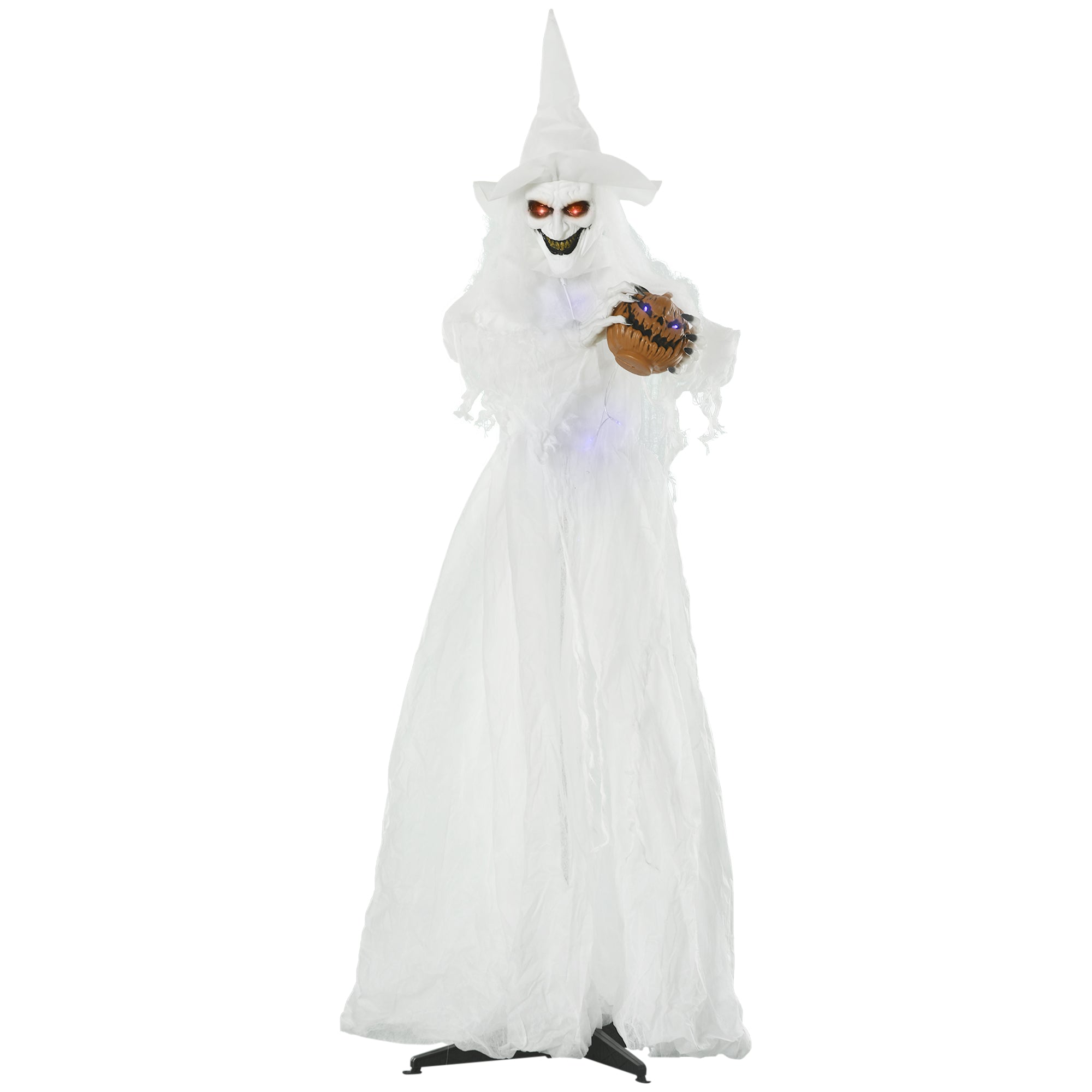 Outsunny 72 Inch Halloween Decorations White Witch Holding Pumpkin Head, Standing Skeleton Ghost Prop Life Size, Motion Activated Light Up Eyes Body