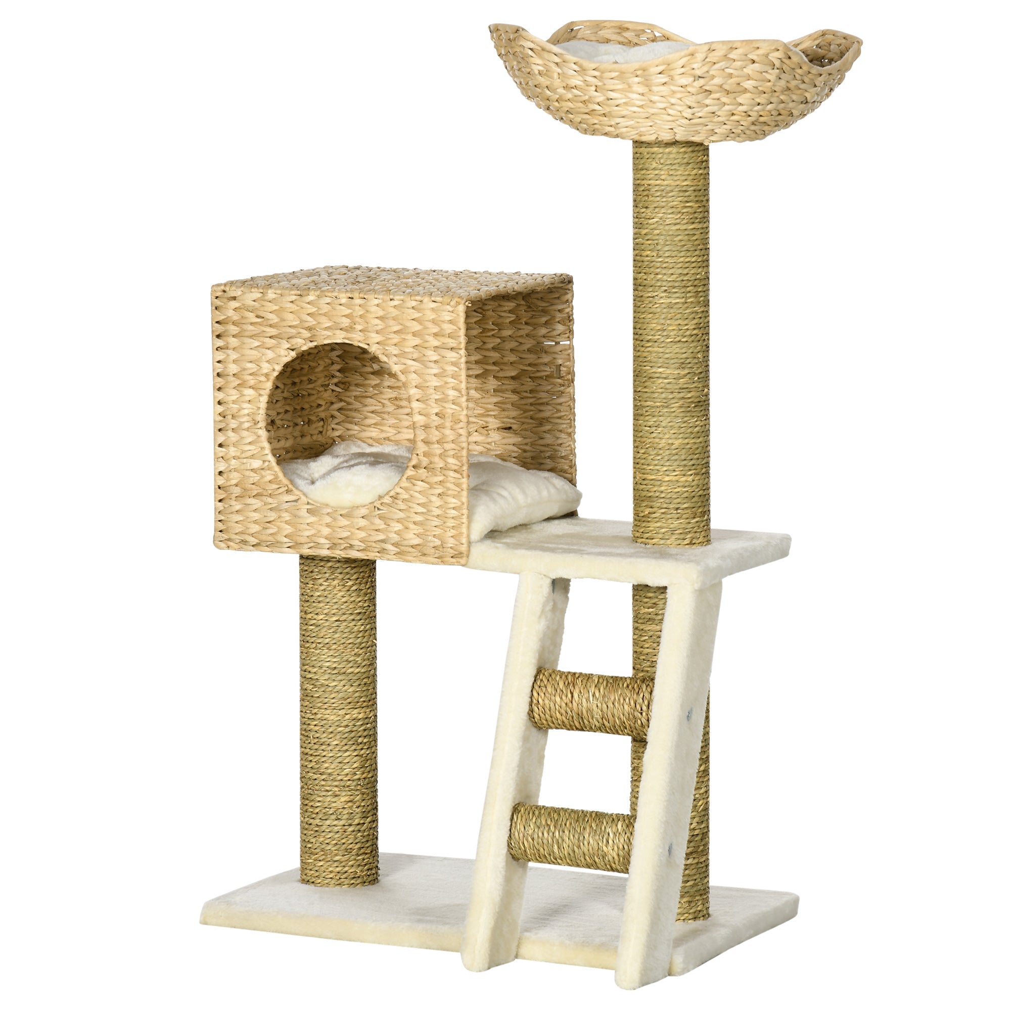 PawHut Cat Tree Tower, Indoor Activity Centre with Scratching Posts, House, Bed, Ladder, and Washable Cushions, Natural Finish