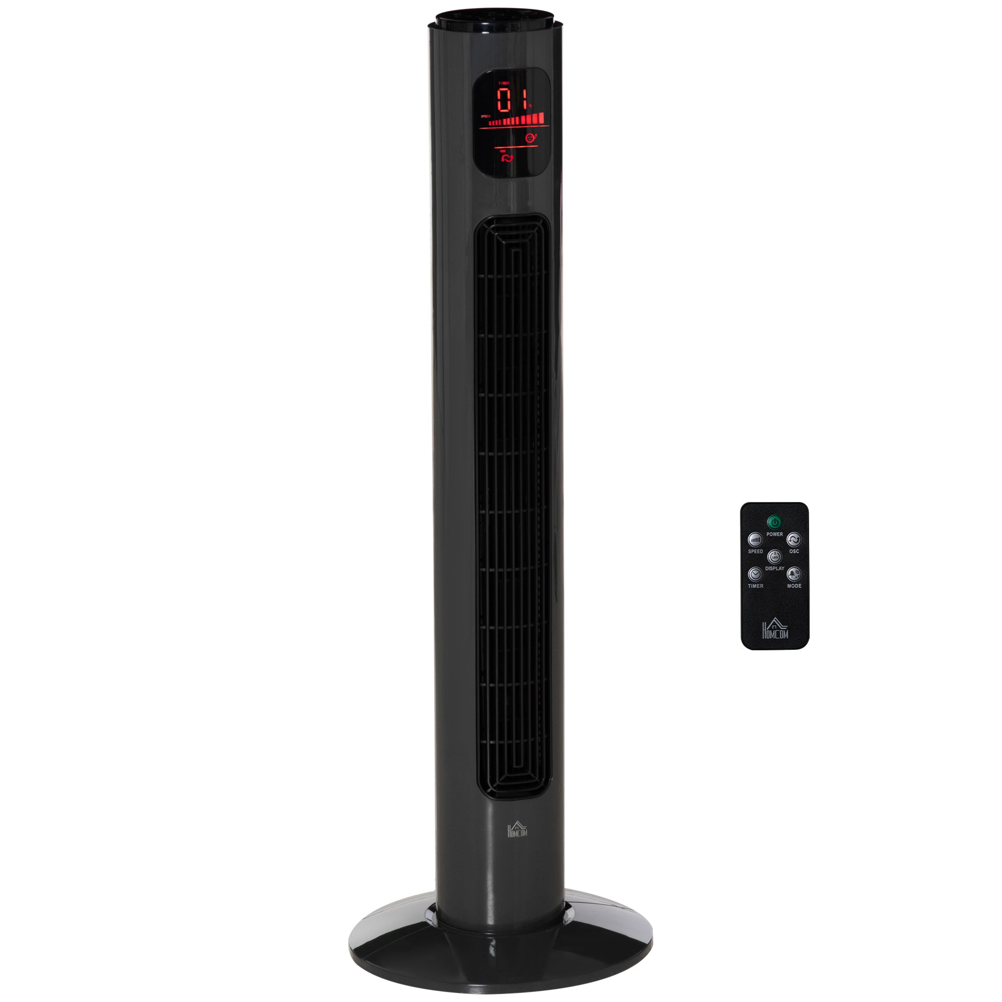 HOMCOM 38'' Freestanding Tower Fan, 3 Speed and Mode Settings, 12h Timer, 70 Degree Oscillation, LED Control Panel, Remote Included, Dark Grey