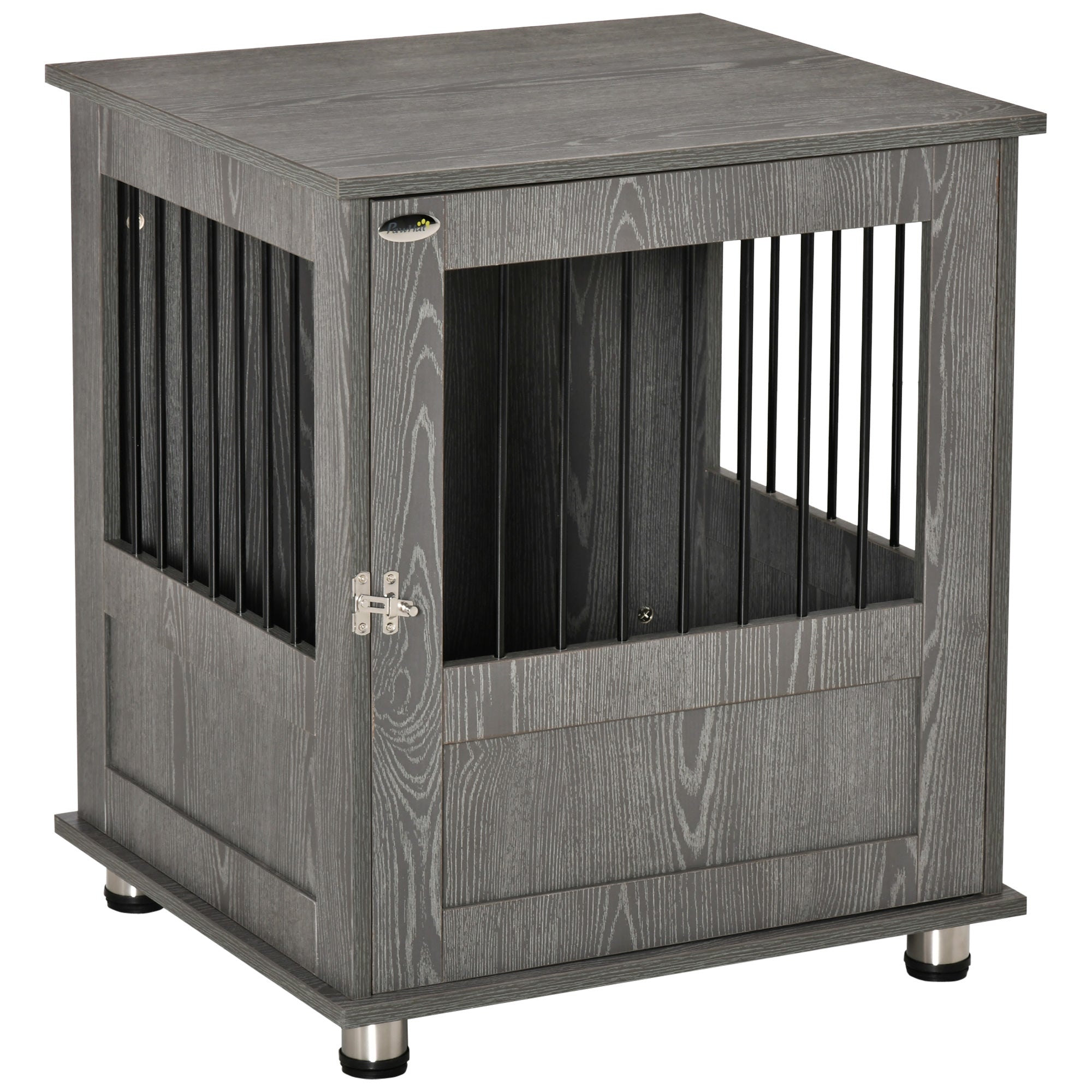 PawHut Dog Crate Furniture, Wooden End Table, Small Pet Kennel with Magnetic Door Indoor Crate Animal Cage, Grey