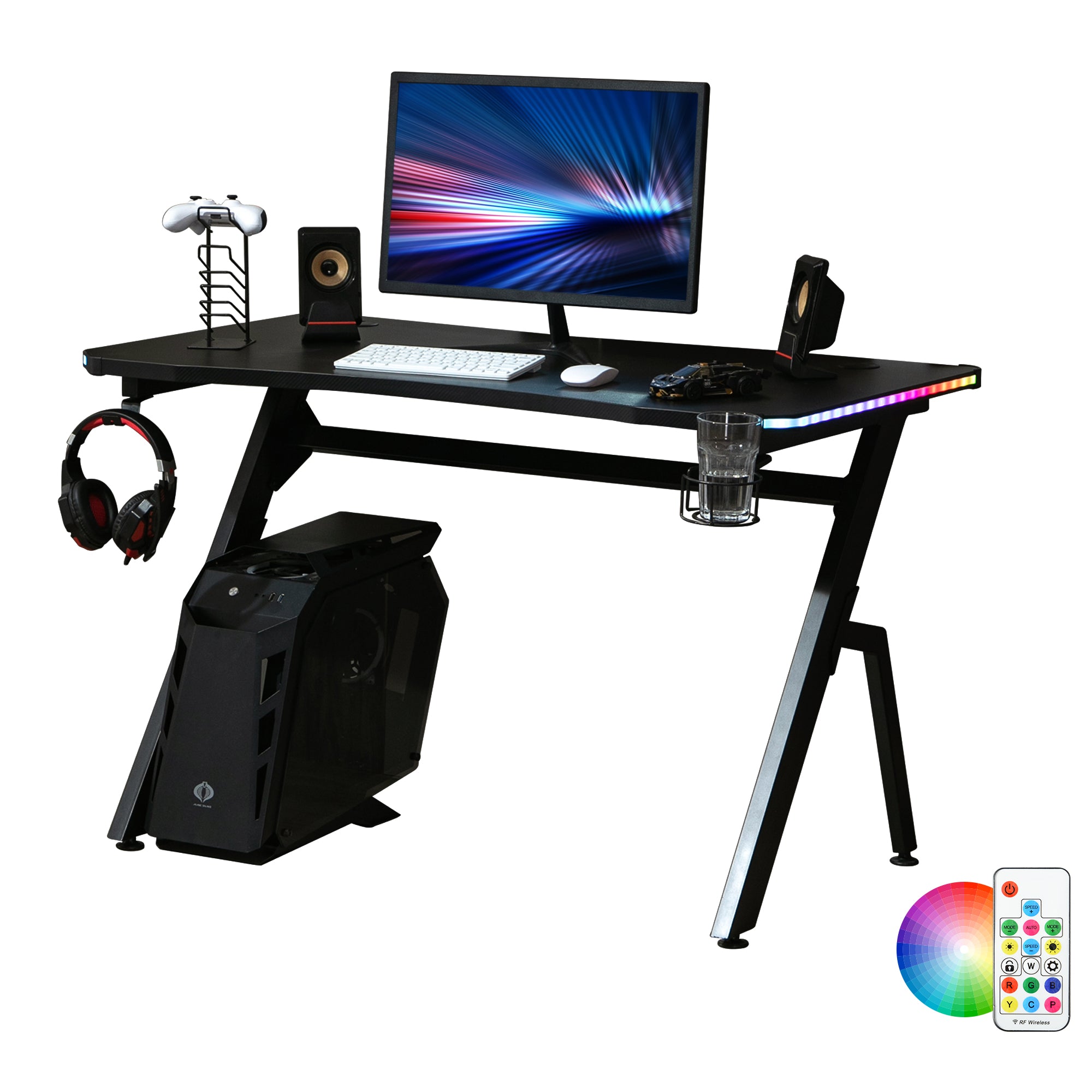 HOMCOM Gaming Desk Racing Style Home Office Ergonomic Computer Table Workstation with RGB LED Lights,  Black