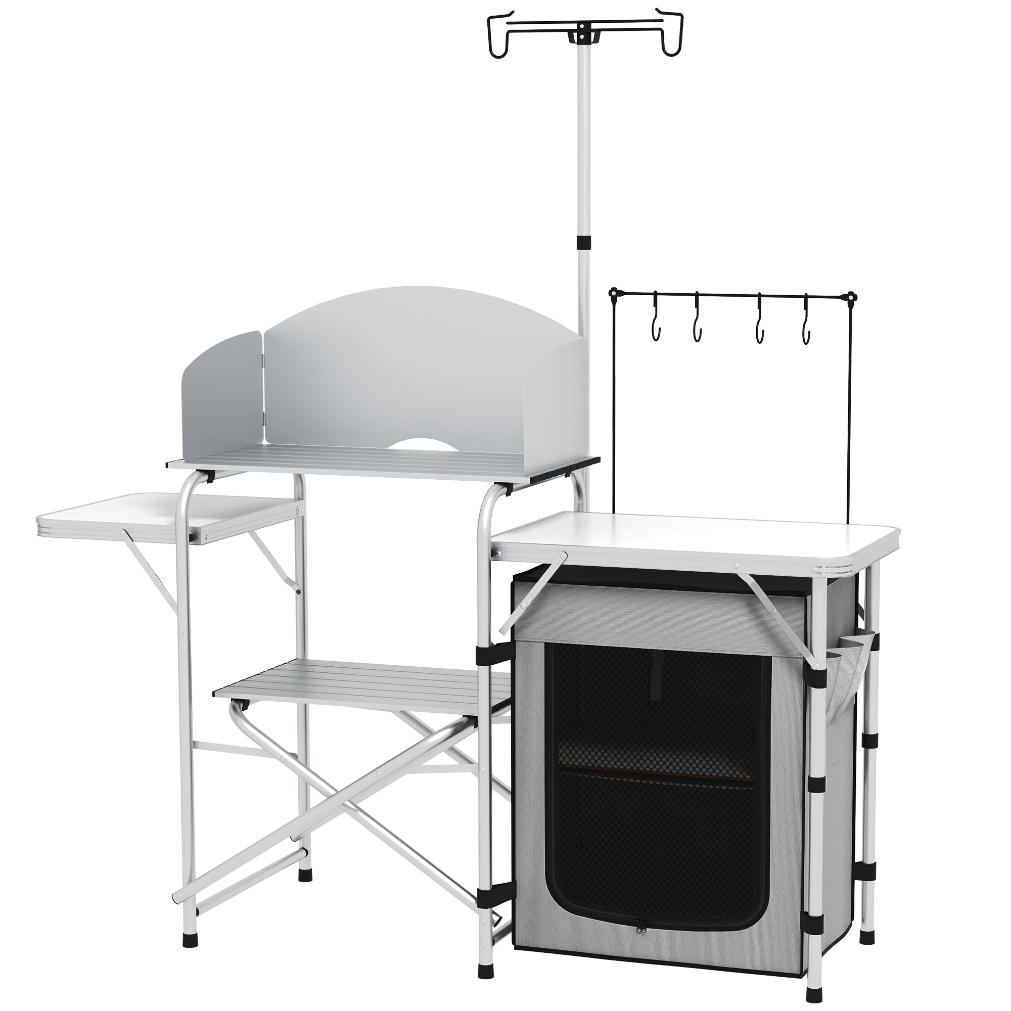 Outsunny Portable Camping Kitchen: Aluminium Folding Table with Cupboard, Windshield & Light Stand, Includes Carry Bag