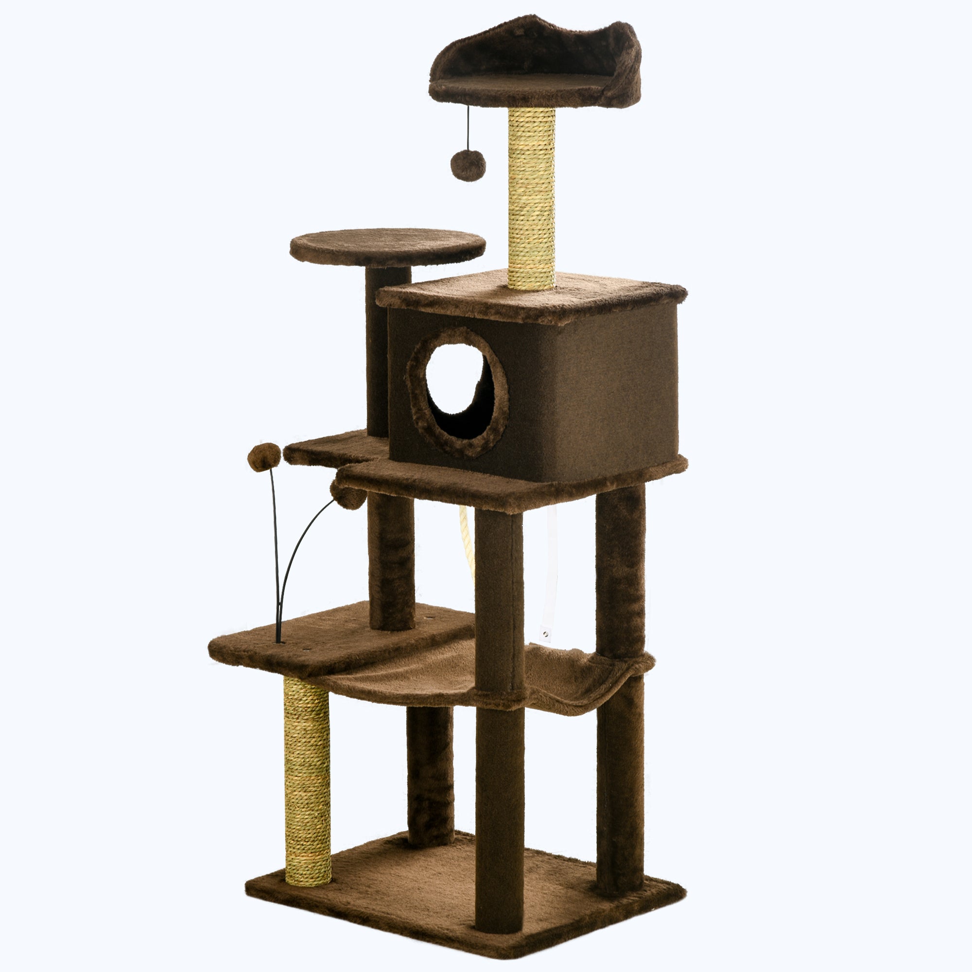 PawHut 136cm Cat Tree for Indoor Cats, Modern Cat Tower with Scratching Posts, house, Platforms, Toy Ball - Brown