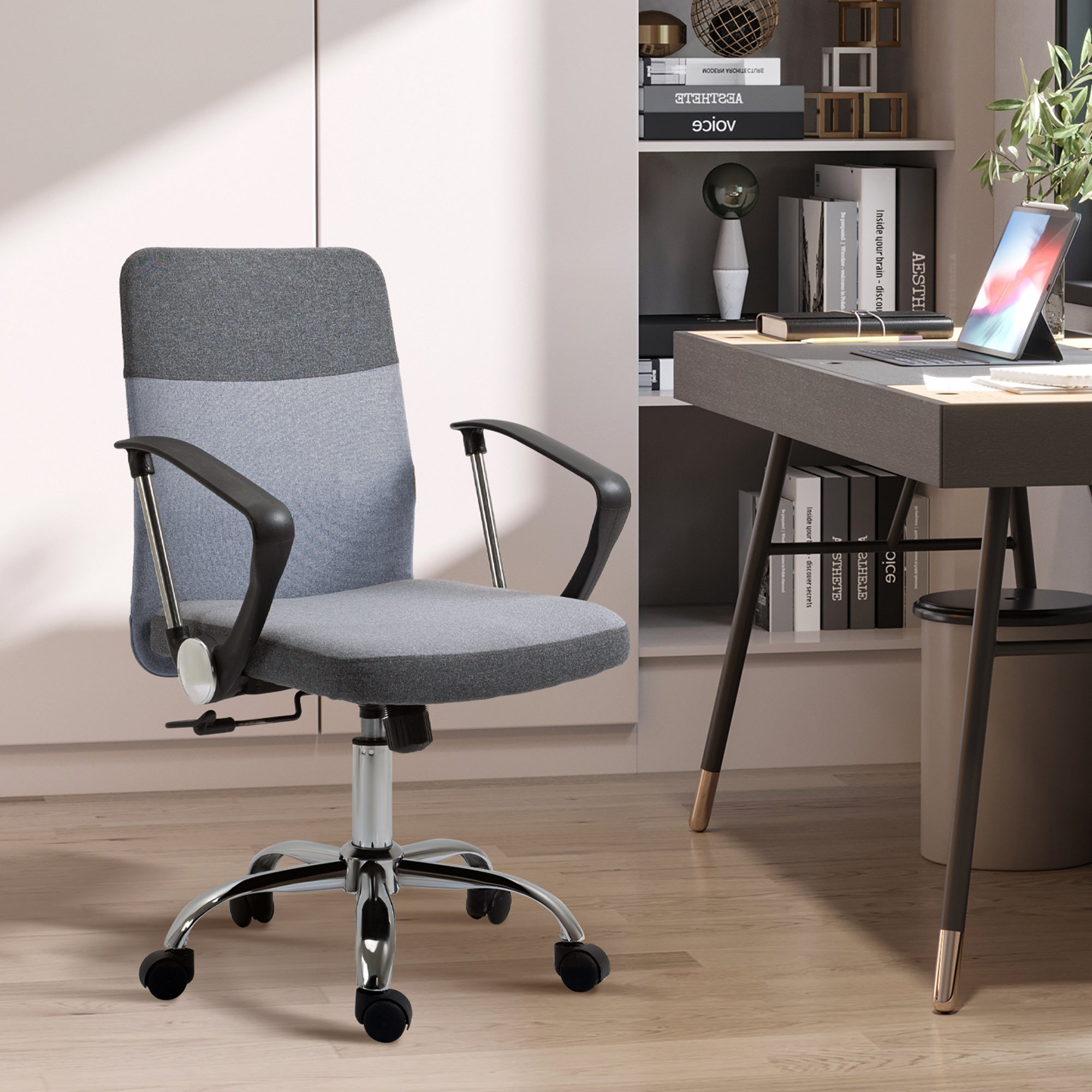 Vinsetto Linen Fabric Ergonomic Swivel Office Chair: Adjustable Desk Seating with Wheels for Home Study, Grey