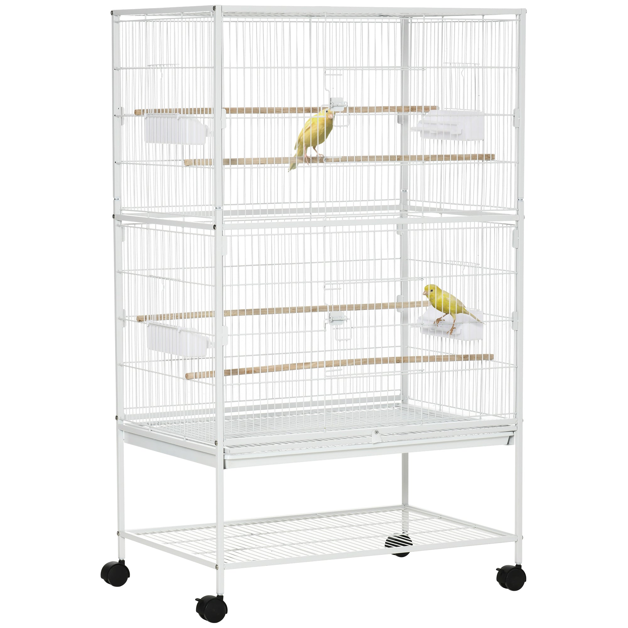 PawHut Large Aviary Bird Cage for Canaries, Budgies with Rolling Stand, Slide-out Cleaning Tray, Perch, Food Containers, White