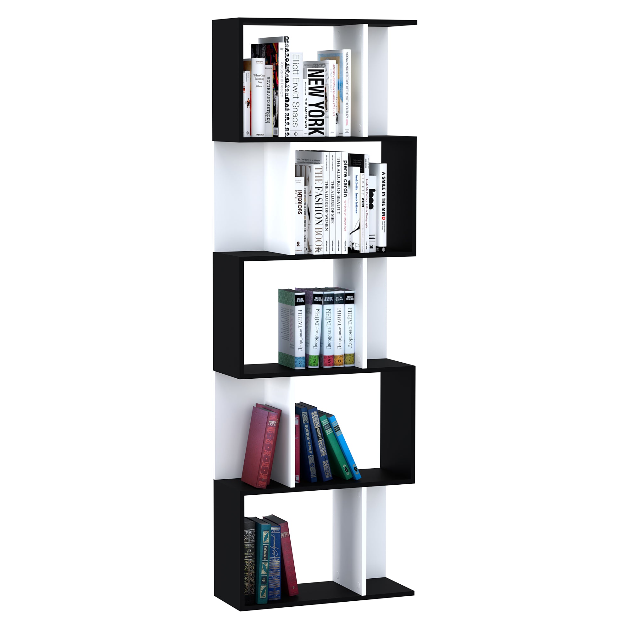 HOMCOM 5-Tier S-Shaped Black Bookcase, Stylish Storage & Display Shelving, Room Divider