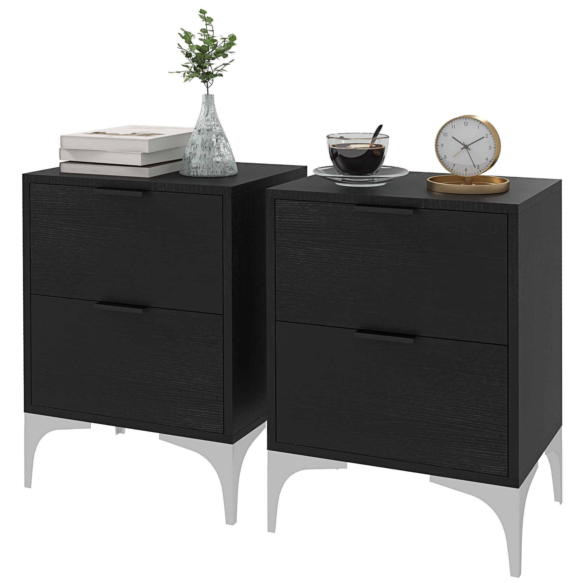 HOMCOM Bedside Tables Set of 2, Modern Nightstand with 2 Drawers, Small Sofa End Tables with Storage and Steel Legs for Bedroom, Living Room, Black