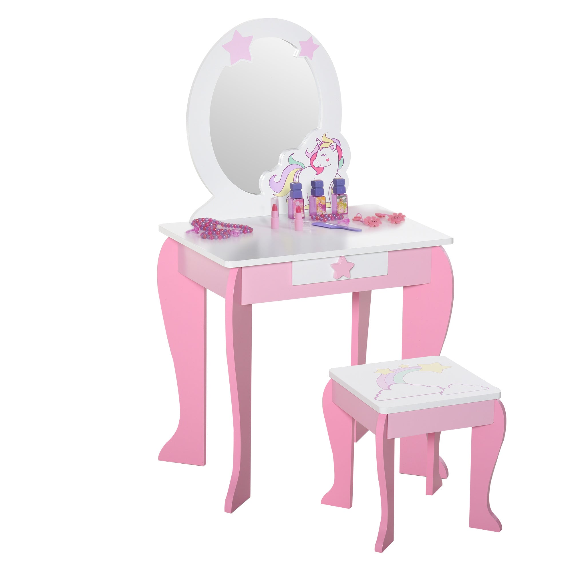 HOMCOM Girls Dressing Table w/ Mirror & Stool, Kids Dressing Table, Unicorn Pretend Play Toy for Toddles Age 3-6 Years, Acrylic Mirror, Pink & White