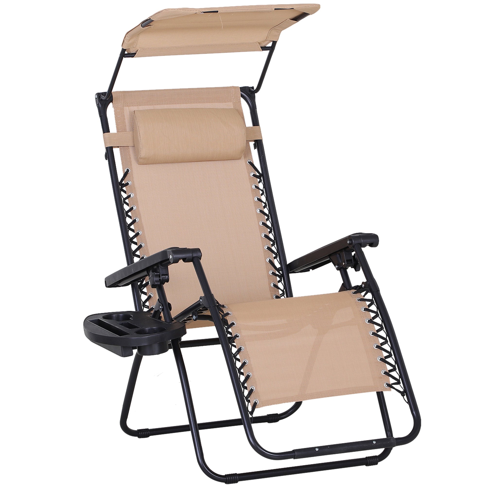 Outsunny Outdoor Zero Gravity Recliner Chair with Canopy Shade and Cup Holder, Folding Patio Sun Lounger, Beige