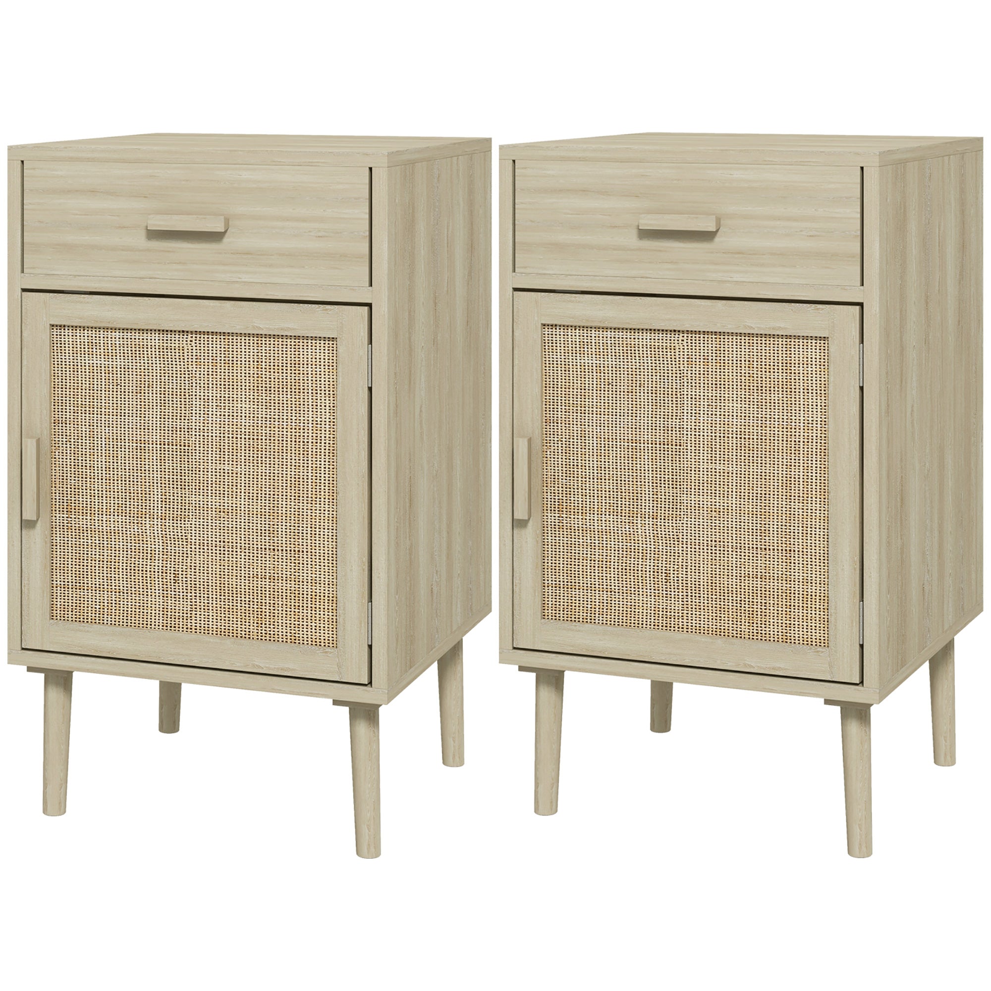 HOMCOM Bedside Tables Set of 2, Rattan Side Tables with Drawer, Cabinet, Adjustable Shelf, Bedside Cabinets with Storage for Bedroom, Living Room, Natural Wood Effect