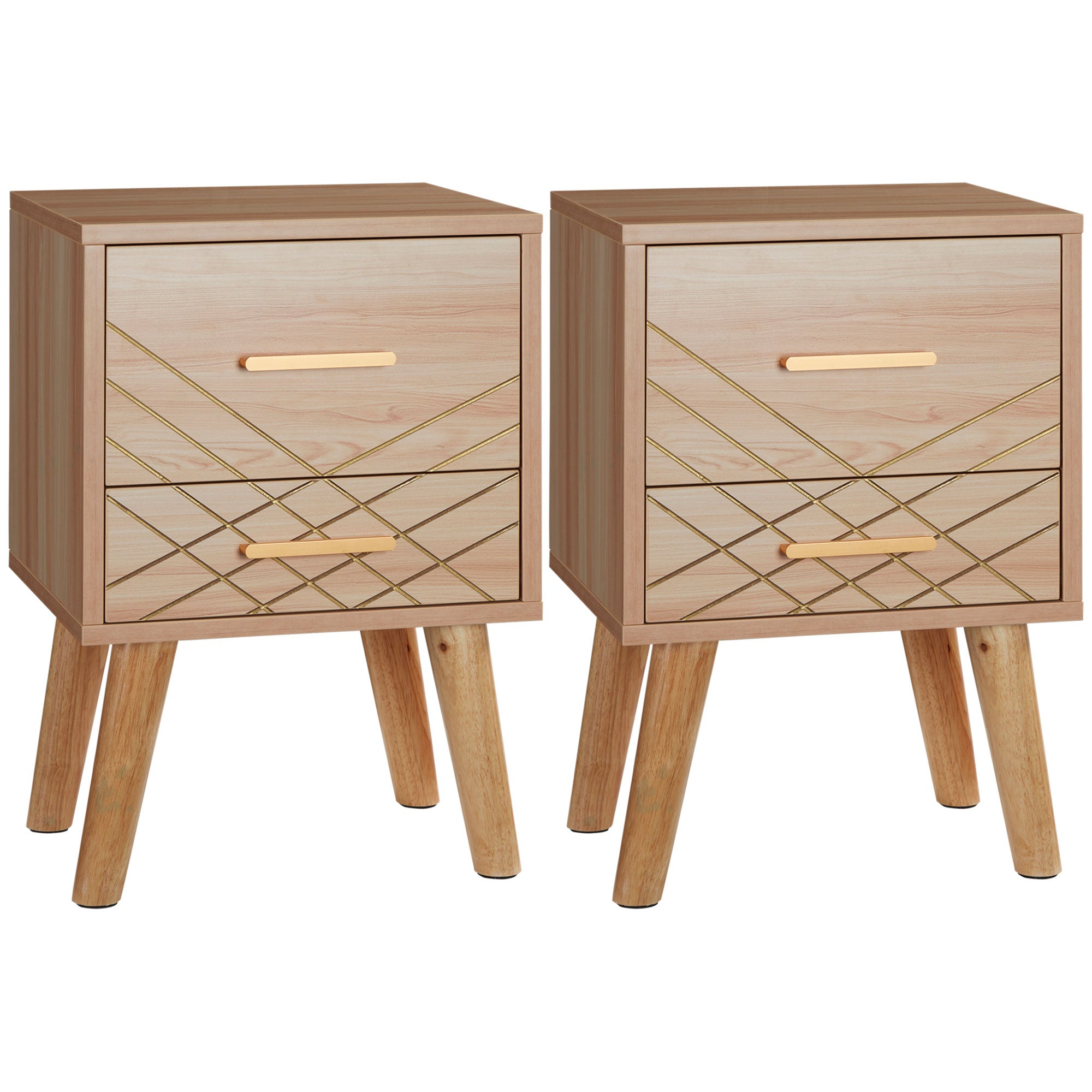 HOMCOM Bedside Cabinet, Scandinavian Bedside Table with Drawers, Bed Side Table with Wood Legs, Natural