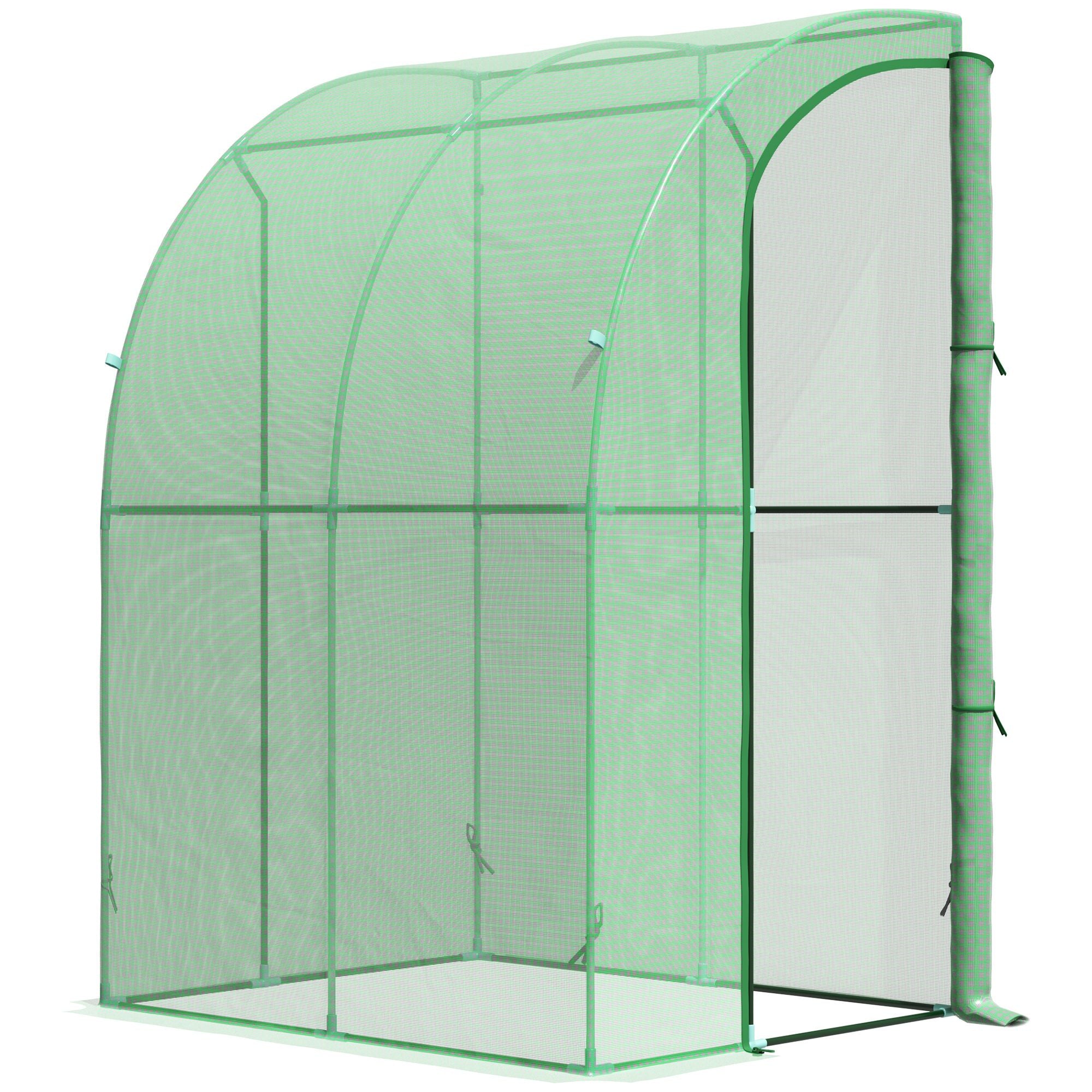 Outsunny Walk-In Greenhouse Lean to Wall Tunnel Greenhouse with Zippered Roll Up Door PE Cover and Steel Frame for Garden, 143 x 118 x 212 cm