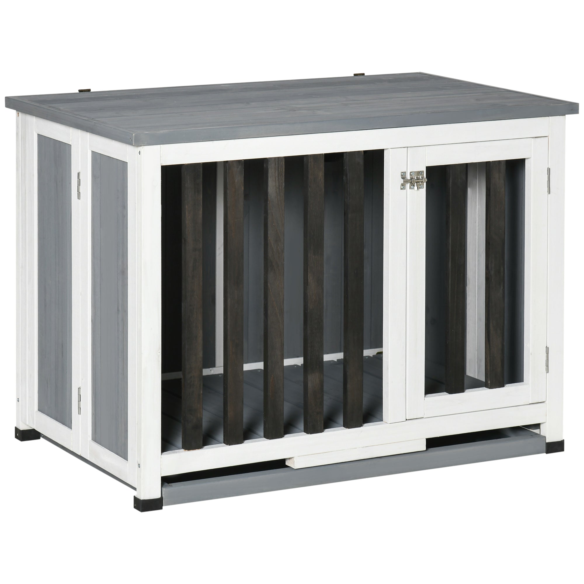 PawHut Wooden Dog Crate Folding Pet Kennel Cage End Table with Removable Tray for Medium and Small Dogs Grey 84.5 x 51.4 x 61 cm