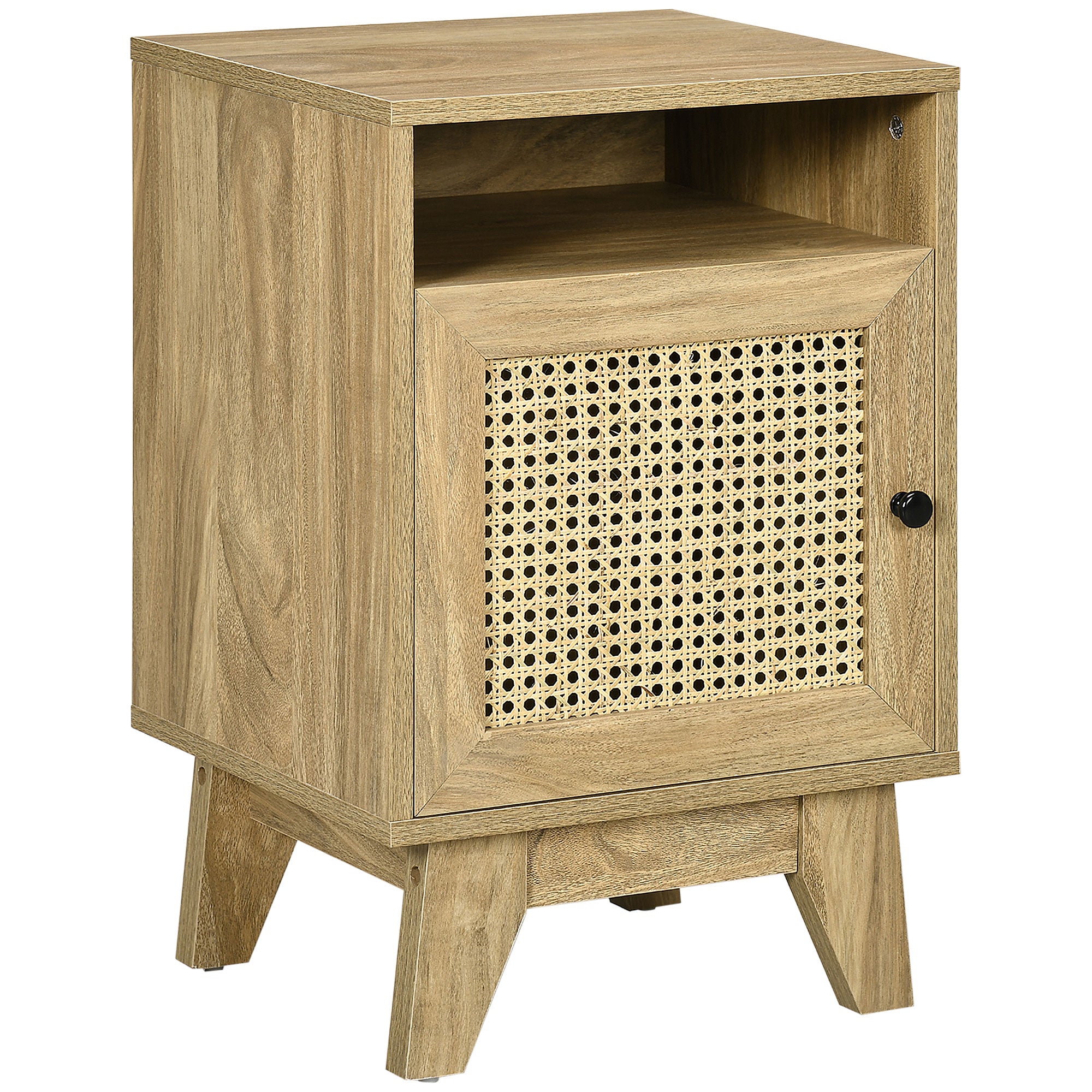 HOMCOM Bedside Cabinet with Rattan Detail, Side Table with Shelf & Cupboard, 39x35x60cm, Natural