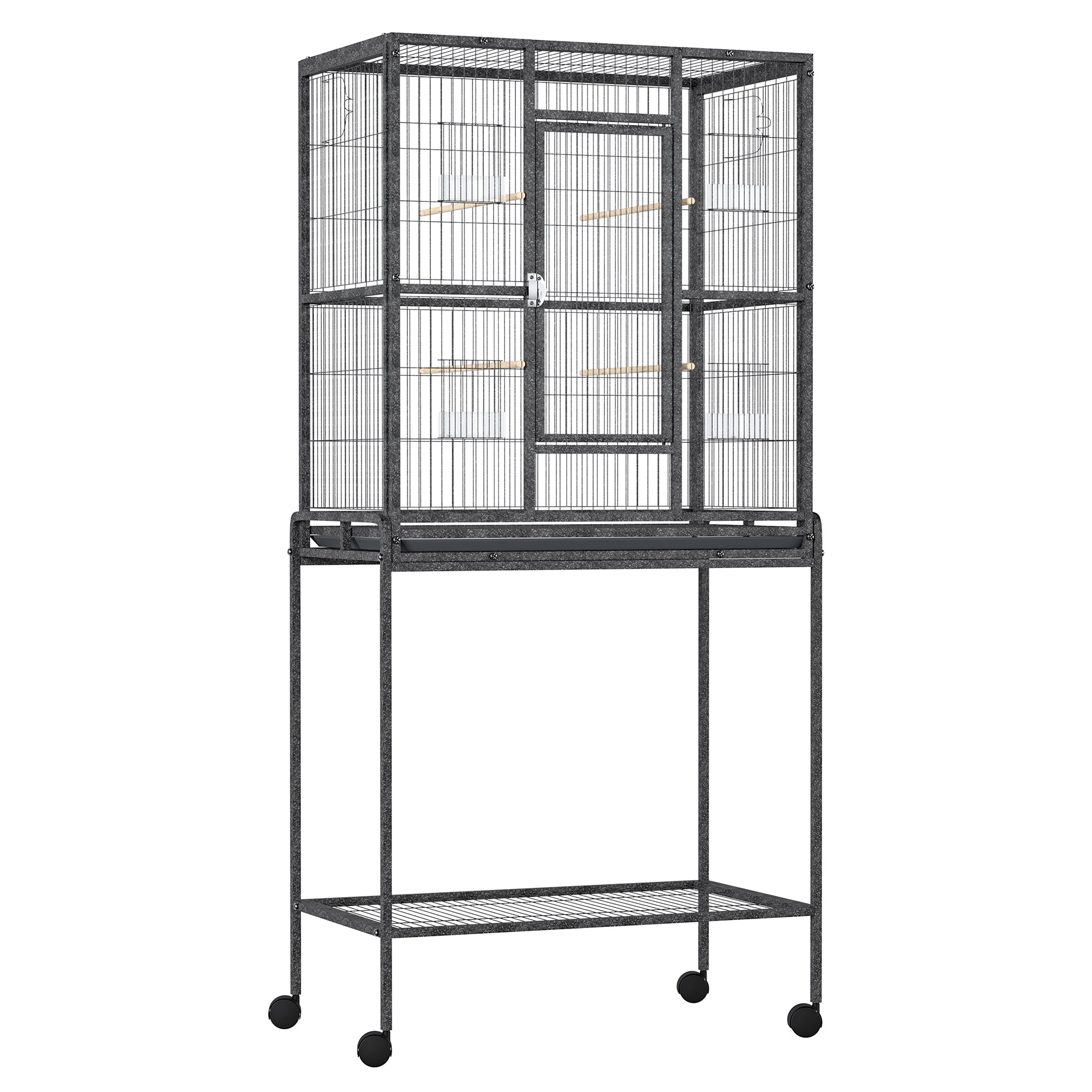 PawHut Avian Abode: Wheeled Metal Cage for Canaries & Parakeets, Wooden Perch, Feeder Tray, Jet Black