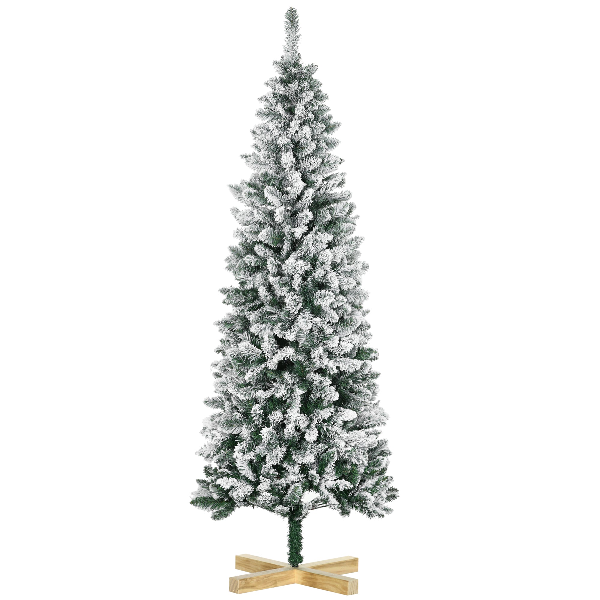 HOMCOM 6 Foot Snow Flocked Artificial Christmas Tree, Xmas Pencil Tree with 630 Realistic Branches, Auto Open, Pinewood Base, Green